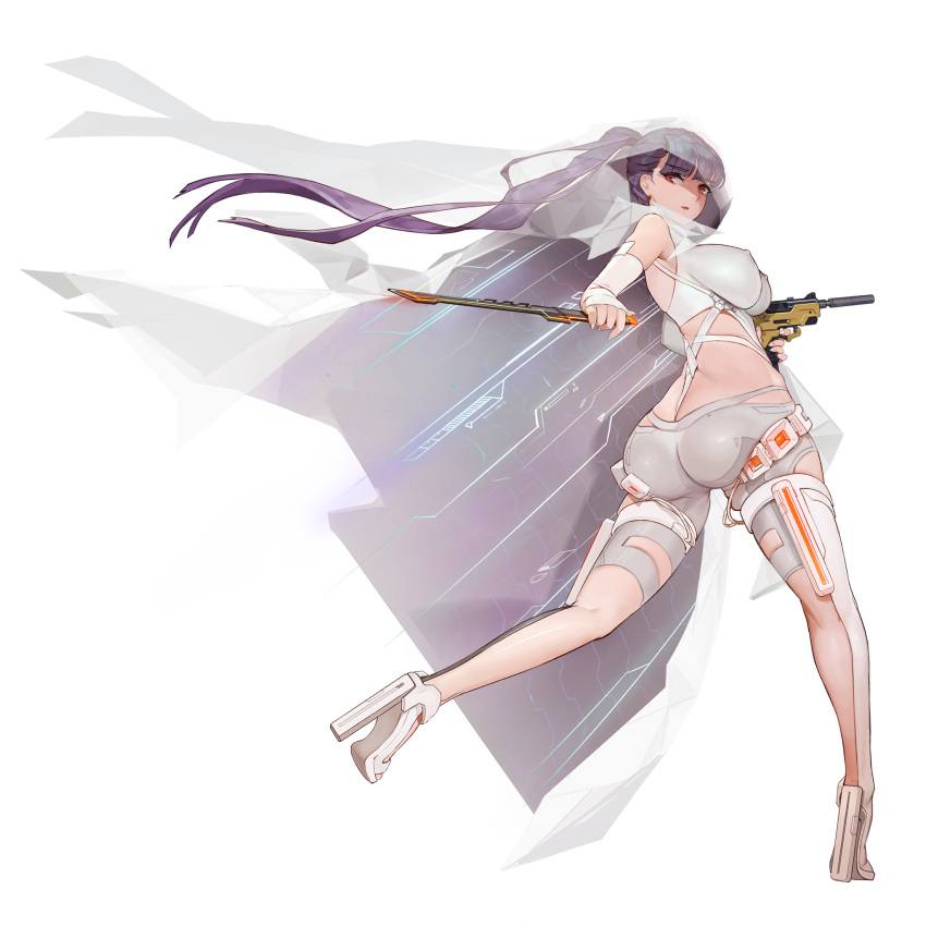 1girl ass bangs boots breasts bridal_veil covered_nipples dress from_behind full_body game_cg grey_shorts gun high_heels highres holographic_clothing imi_uzi impossible_clothes knife large_breasts last_origin leotard long_hair looking_at_viewer looking_back official_alternate_costume official_art phantom_(last_origin) ponytail red_eyes rorobomb shorts simple_background solo submachine_gun tachi-e thigh_boots thighhighs transparent_background veil weapon wedding_dress white_thighhighs