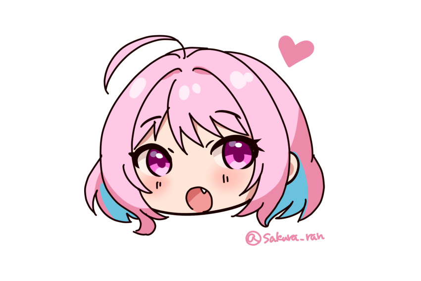 1girl :o ahoge aqua_hair bangs blush bob_cut chibi colored_inner_hair fang hair_intakes head_only heart idolmaster idolmaster_cinderella_girls idolmaster_cinderella_girls_starlight_stage multicolored_hair open_mouth pink_eyes pink_hair raised_eyebrows sakura_ran simple_background solo twitter_username two-tone_hair visible_ears white_background yumemi_riamu