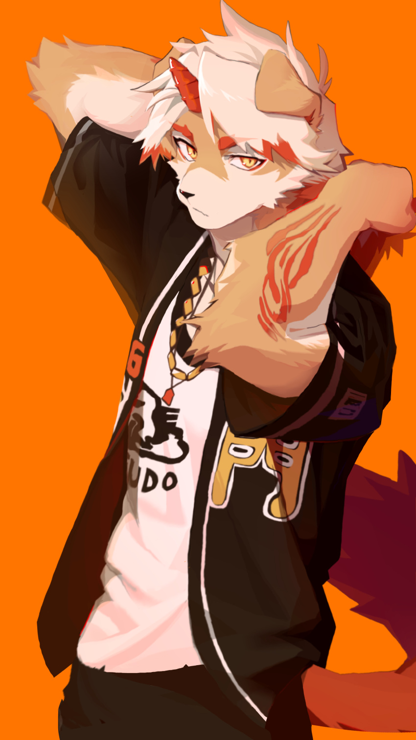 absurd_res anthro arknights canid canine canis clothed clothing domestic_dog fur hair hand_on_hair hi_res horn hung_(arknights) hypergryph looking_at_viewer male mammal orange_background orange_body orange_fur shabi96522 shirt simple_background solo studio_montagne tattoo topwear video_games white_body white_fur white_hair