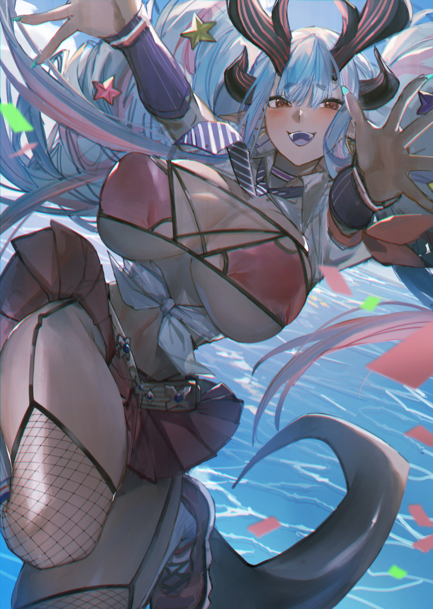 1girl absurdres bangs belt bikini blue_hair blush breasts choker cleavage collared_shirt colored_skin confetti detached_sleeves double_bun earrings eyeliner fate/grand_order fate_(series) fishnet_thighhighs fishnets grey_skin hair_between_eyes hair_bun hair_ornament highres hoop_earrings horns ibuki_douji_(fate) ibuki_douji_(swimsuit_berserker)_(fate) jewelry large_breasts long_hair looking_at_viewer makeup miniskirt multicolored_hair navel necktie oni oni_horns open_mouth outstretched_arms pink_bikini pink_hair pink_skirt pleated_skirt pointy_ears red_eyes ryuuji_teitoku shirt short_sleeves sidelocks skirt smile solo star_(symbol) star_hair_ornament swimsuit tail thighhighs thighs tied_shirt water white_shirt