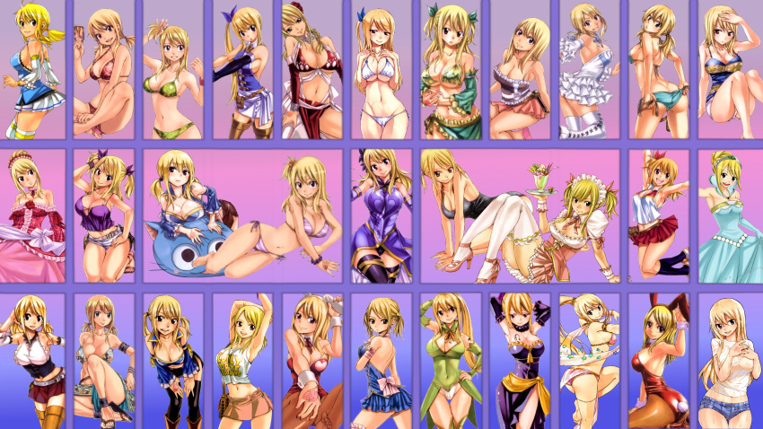 absurdres animal_ears blonde_hair breasts collage fairy_tail highres large_breasts looking_at_viewer lucy_heartfilia non-web_source rabbit_ears swimsuit underboob wallpaper_(object)