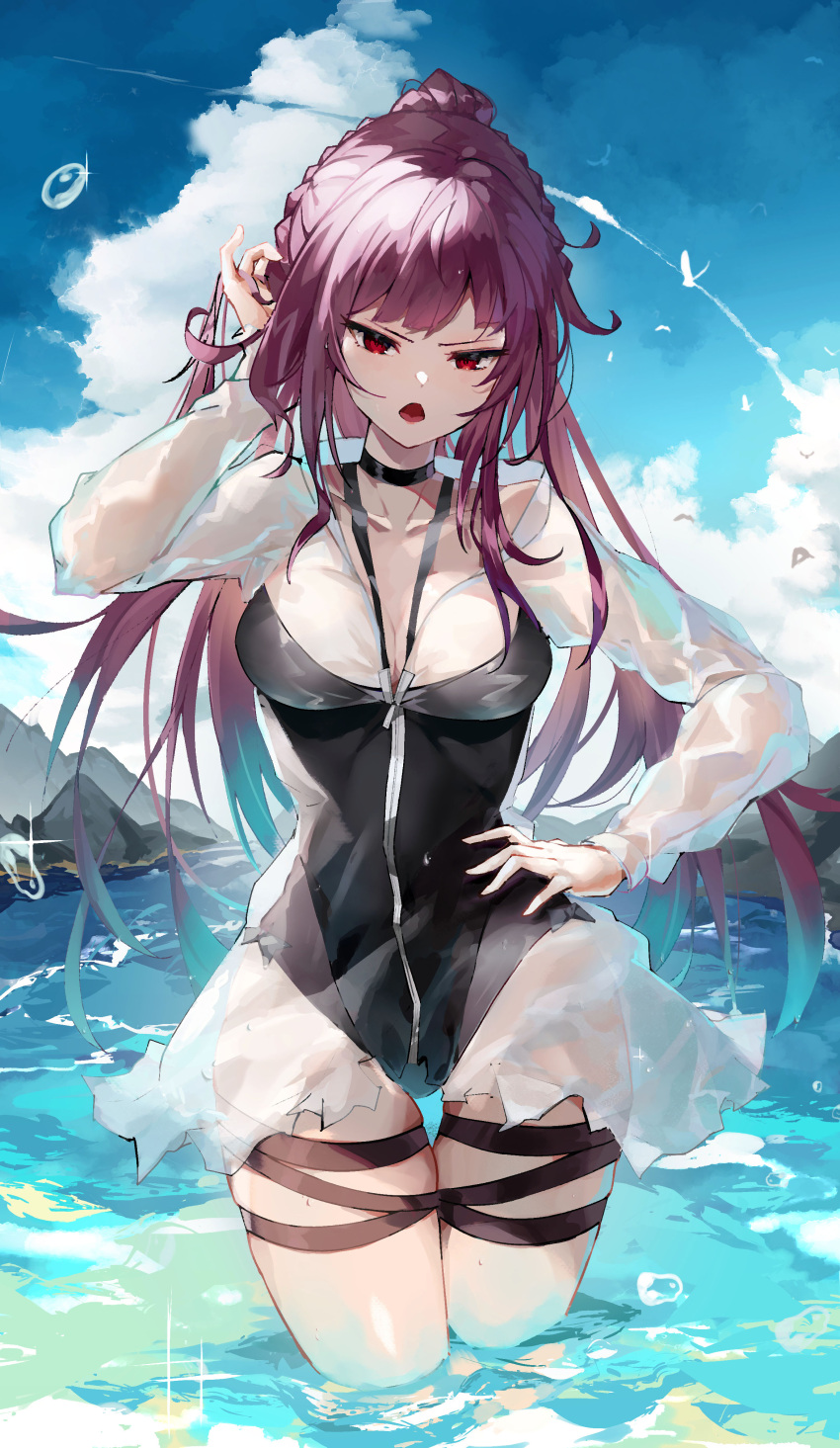 1girl absurdres bangs between_breasts black_swimsuit blue_sky braid breasts collarbone competition_swimsuit feet_out_of_frame girls'_frontline hand_in_own_hair hand_on_hip highres light_blush long_hair looking_at_viewer medium_breasts ocean official_alternate_costume on_water one-piece_swimsuit open_mouth ponytail priest77 purple_hair red_eyes sidelocks sky solo standing swimsuit wa2000_(girls'_frontline) wa2000_(op._manta_ray)_(girls'_frontline) water water_drop wet wet_clothes wet_swimsuit