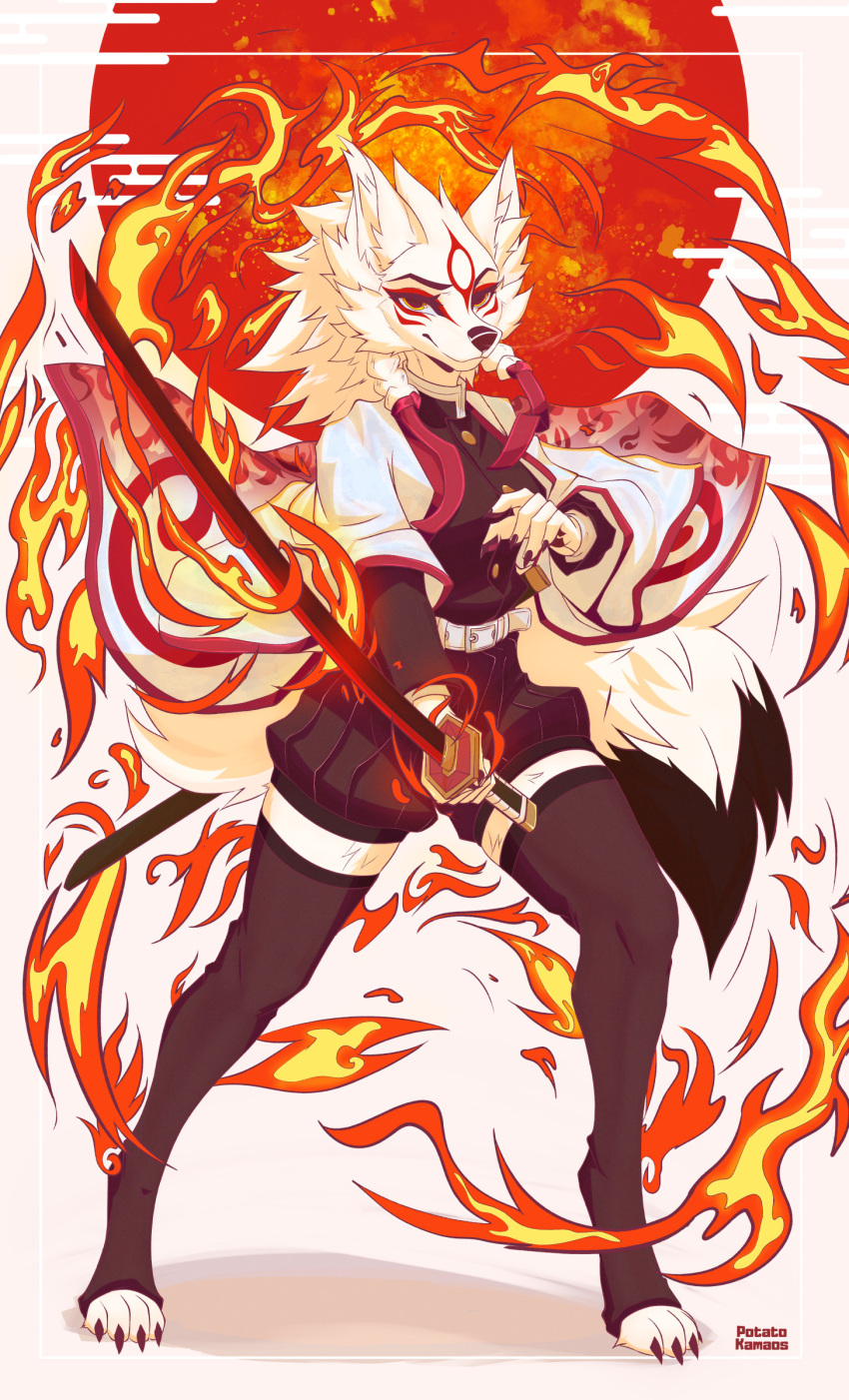 abstract_background absurd_res amaterasu anthro barefoot belt bottomwear canid canine canis capcom cape claws clothing deity elemental_manipulation feet female fire fire_manipulation fur fur_markings hair hi_res holding_object holding_weapon katana legwear looking_at_viewer mammal markings melee_weapon potatokamaos red_body red_fur smile solo standing sword thigh_highs topwear video_games weapon white_body white_fur white_hair wolf yellow_eyes ōkami