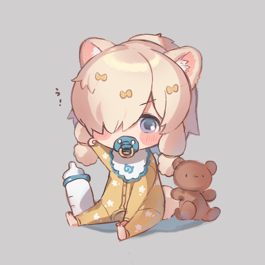 1girl absurdres alpaca_ears alpaca_girl alpaca_suri_(kemono_friends) alpaca_tail animal_ears baby bib blue_eyes blush bottle floral_print hair_over_one_eye hair_tubes highres japari_symbol kemono_friends milk_bottle noamem onesie pacifier pajamas short_hair solo stuffed_animal stuffed_toy tail teddy_bear white_hair yellow_pajamas younger