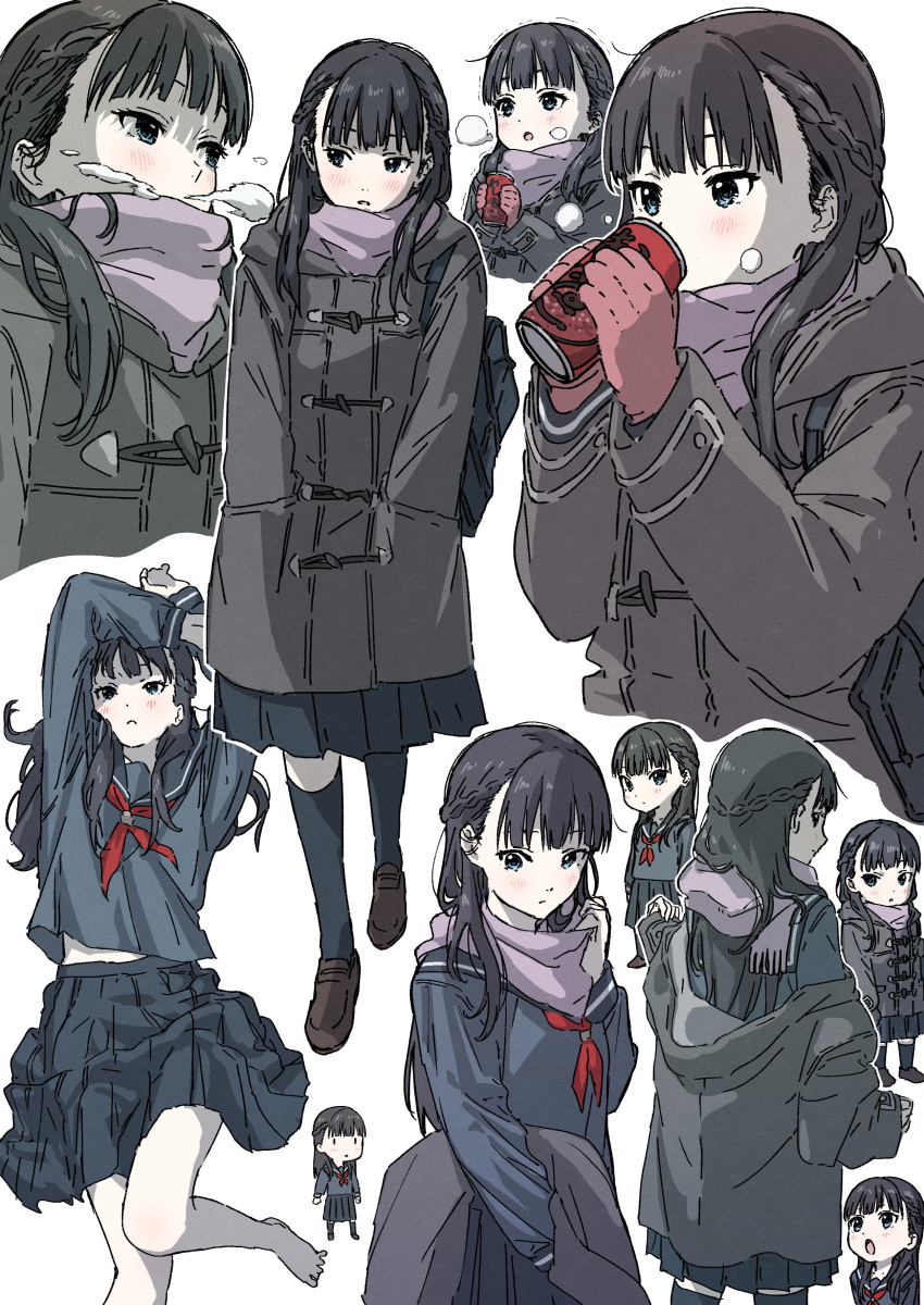 1girl absurdres arms_up bag barefoot black_hair black_skirt blue_bag blue_eyes blue_serafuku blue_skirt blue_socks blush braid breath brown_hair can chibi closed_mouth coat drinking eyelashes film_grain gloves green_coat grey_background highres holding holding_can hood hood_down hooded_coat kneehighs long_hair lying makicha_(sasurainopink) making-of_available multiple_views on_back open_mouth original outline parted_lips purple_scarf red_gloves scarf school_bag school_uniform serafuku simple_background skirt socks standing trembling undressing white_outline winter_clothes winter_gloves