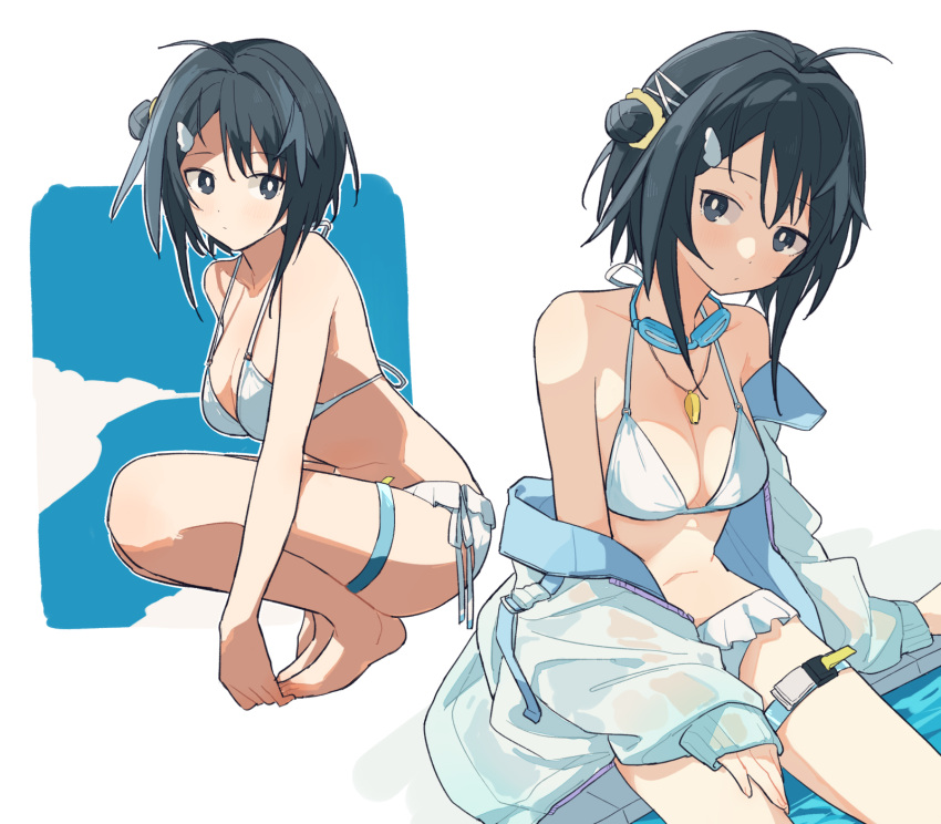 1girl ahoge arknights bikini black_eyes black_hair breasts cleavage coldcat. goggles goggles_around_neck highres jacket jewelry la_pluma_(arknights) la_pluma_(summer_flowers)_(arknights) looking_at_viewer medium_breasts multiple_views necklace official_alternate_costume open_clothes open_jacket short_hair simple_background squatting swimsuit thigh_strap white_background white_bikini white_jacket