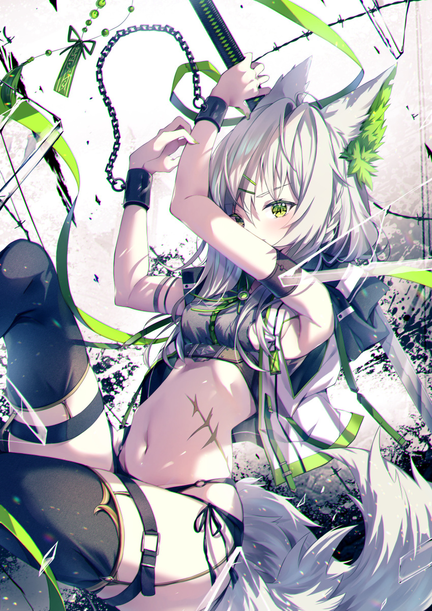 &gt;:( 07touka25 1girl absurdres animal_ear_fluff animal_ears black_thighhighs bound bound_wrists braid breasts broken_glass chain chained_wrists chest_belt cuffs fox_ears fox_girl fox_tail glass highres jacket katana medium_hair navel open_clothes open_jacket original scar scar_on_stomach serious shackles sleeveless sleeveless_jacket small_breasts stomach sword tail thigh_strap thighhighs v-shaped_eyebrows weapon white_hair