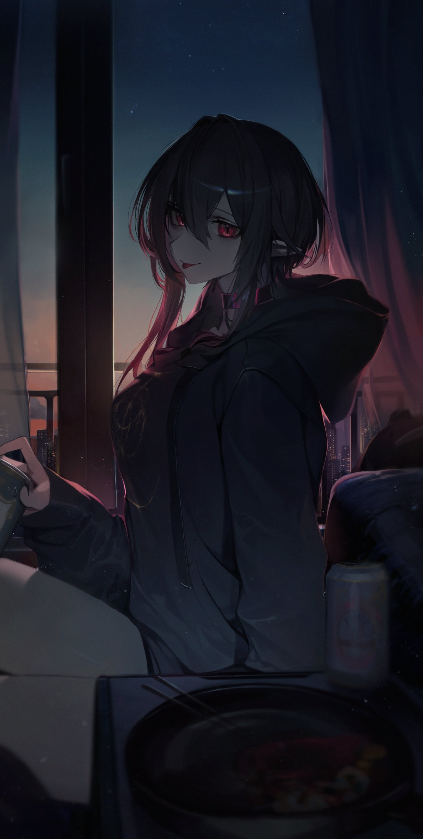 1girl :p absurdres beer_can black_choker black_hair black_hoodie can choker chyan from_side hair_between_eyes highres hood hood_down hoodie indoors long_sleeves looking_at_viewer looking_to_the_side night night_sky pointy_ears red_eyes sidelocks sitting sky smile solo tongue tongue_out window