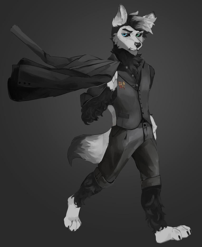 absurd_res action_pose anthro black_eyes black_hair canid canine canis charles_(dracodonmius-fursona) clothed clothing fluffy fluffy_legs formal_clothing full-length_portrait hair hi_res looking_at_viewer male mammal miscellaneous_eyes neck_tuft portrait pose serious solo taxevdr tuft walking well_dressed wolf