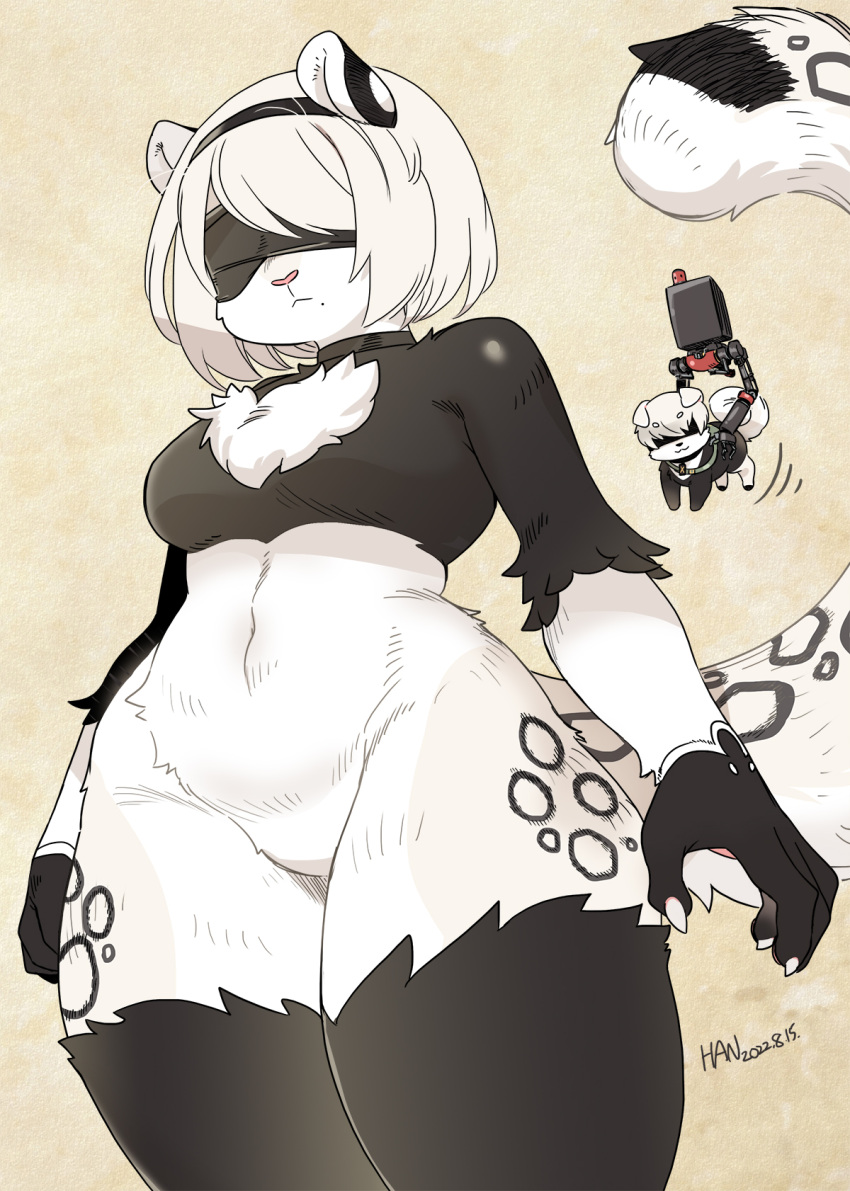 anthro bottomless chest_tuft clothed clothing duo female feral fluffy fluffy_tail fur hair hi_res male nier_automata shepherd0821 thick_thighs tuft white_body white_fur white_hair yorha_2b yorha_9s