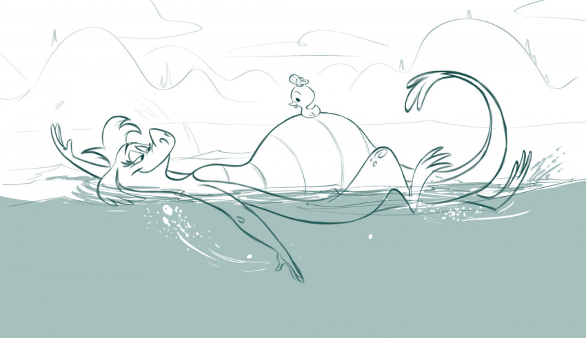 2021 anthro belly big_belly convexpert disney eyelashes female hair half-closed_eyes loch_ness_monster lying narrowed_eyes nessie_(disney) nude on_back outside partially_submerged pregnant pregnant_female raised_tail rubber_duck scales scalie side_view smile solo swimming tail_between_legs the_ballad_of_nessie water
