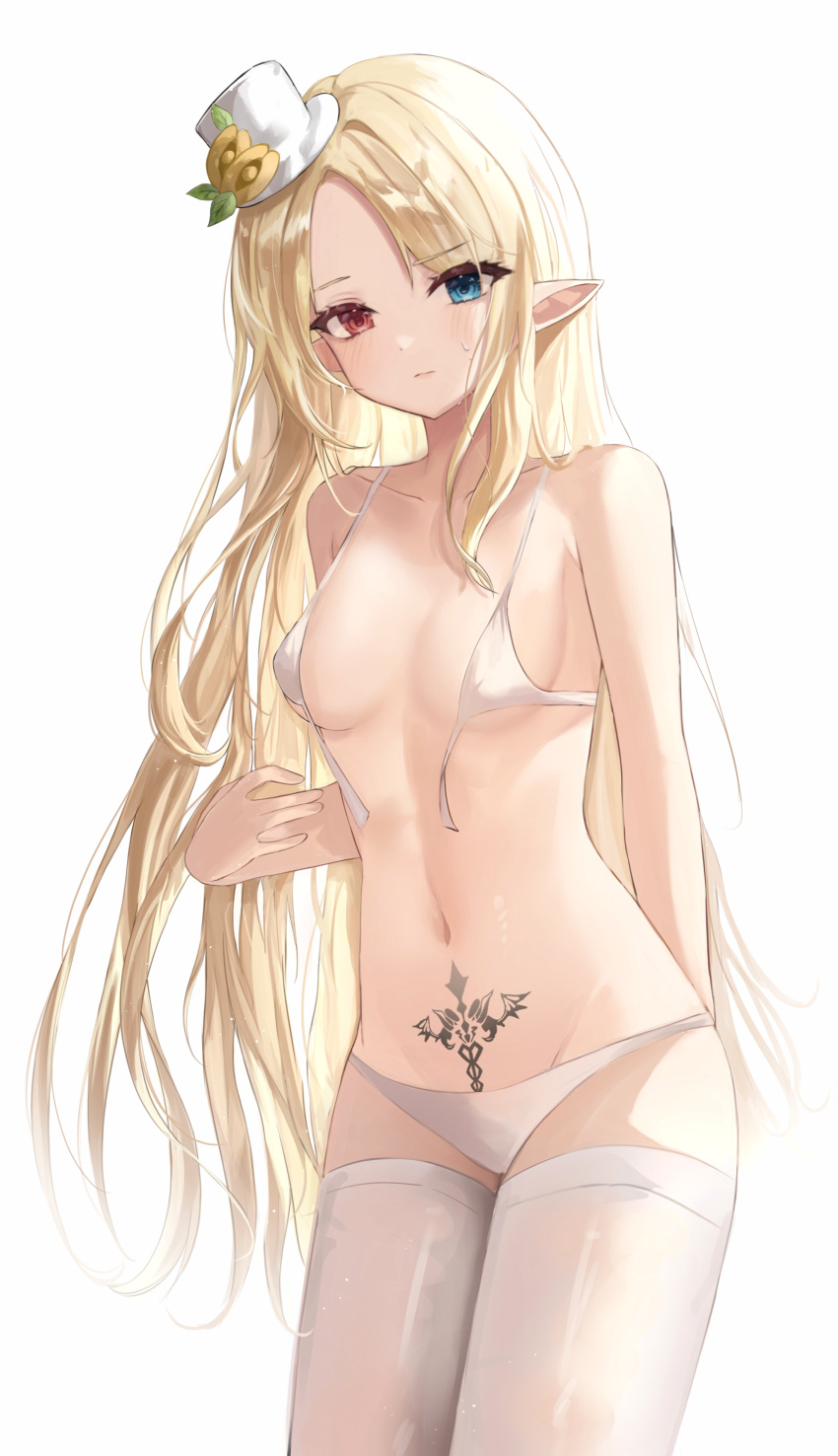 1girl absurdres bangs bare_arms bare_shoulders bikini blonde_hair blue_eyes breasts chabi commission cowboy_shot elf flower front-tie_bikini front-tie_top groin hat hat_flower heterochromia highres long_hair looking_at_viewer mini_hat navel original parted_bangs pointy_ears pubic_tattoo red_eyes simple_background small_breasts solo standing stomach string_bikini sweatdrop swimsuit tattoo thighhighs top_hat untied untied_bikini very_long_hair white_background white_bikini white_headwear white_thighhighs