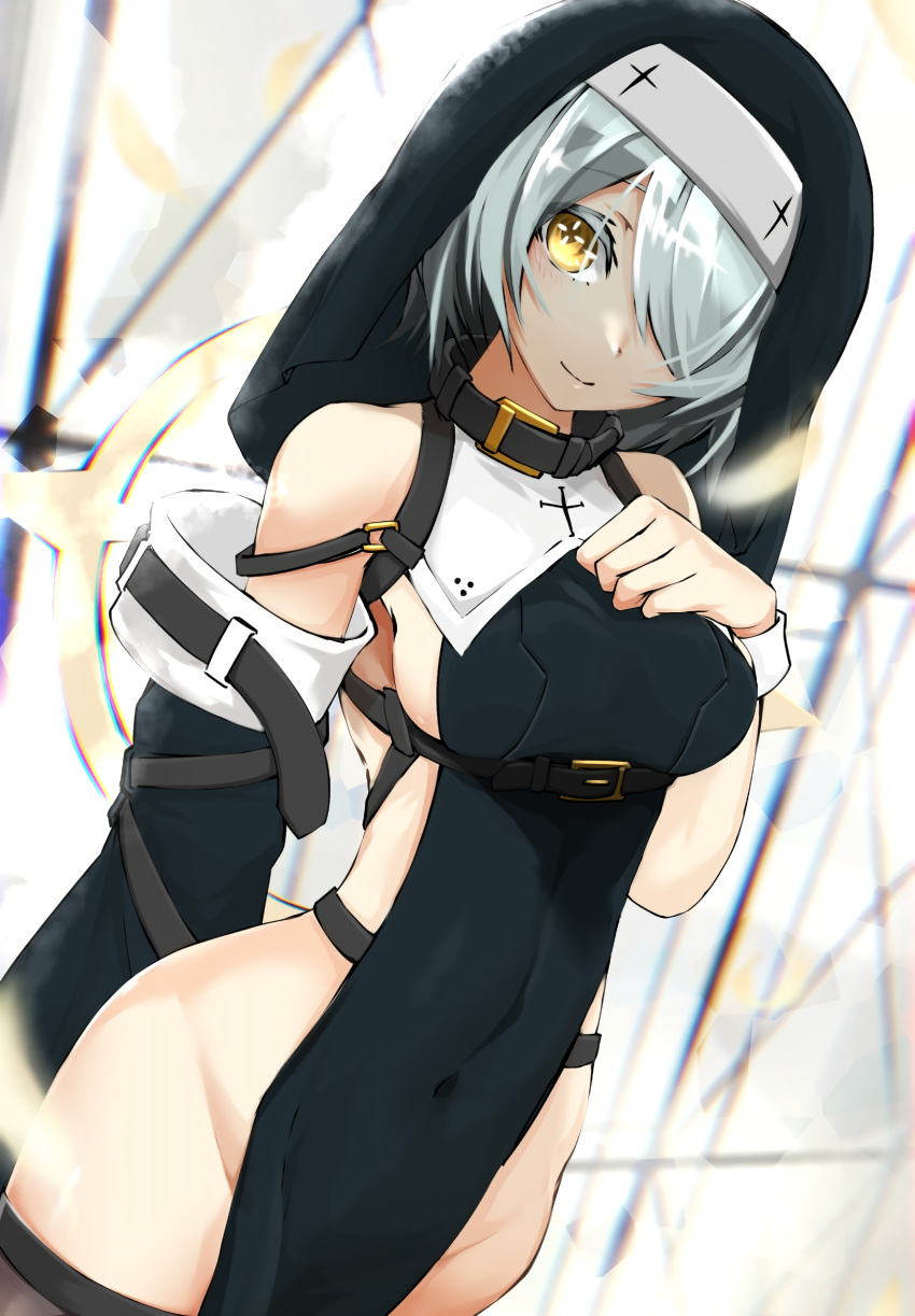 +_+ 1girl breasts collar commentary_request cross_print detached_sleeves habit hair_over_one_eye hand_on_own_chest highres ibispaint_(medium) looking_at_viewer medium_breasts no_panties nun original short_hair sideboob single_detached_sleeve solo thighhighs user_zwga8247 white_hair wrist_cuffs yellow_eyes