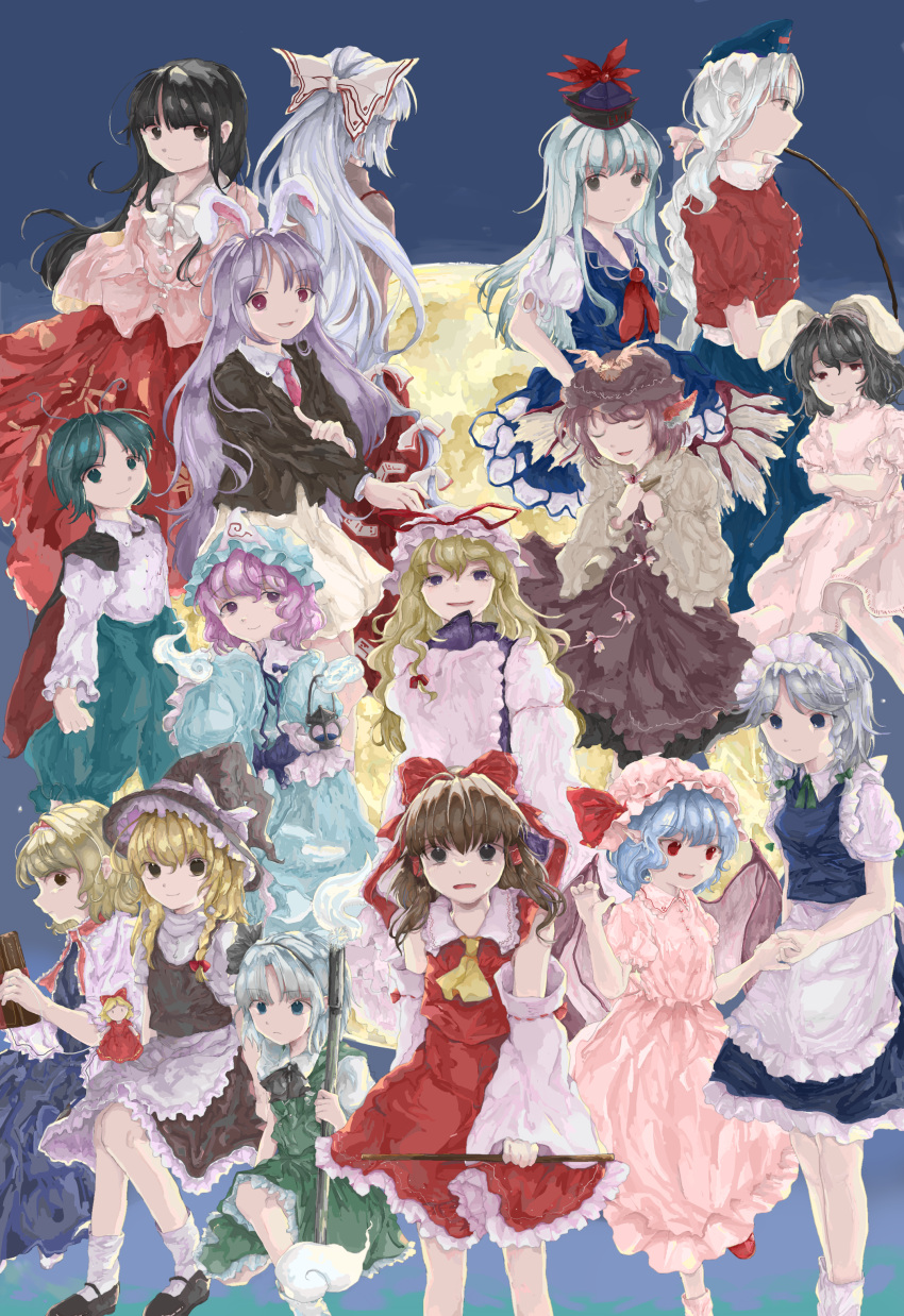6+girls absurdres alice_margatroid alternate_eye_color alternate_hair_color animal_ears apron arm_support ascot back baggy_pants bamboo_print bangs bare_shoulders bat_wings belt black_bow black_bowtie black_cloak black_dress black_eyes black_footwear black_hair black_hairband black_headwear black_jacket black_ribbon blonde_hair blouse blue_belt blue_bow blue_bowtie blue_dress blue_eyes blue_footwear blue_hair blue_headwear blue_kimono blue_sky book bow bow_(weapon) bowtie braid breasts brown_hair brown_shirt buttons capelet cloak closed_mouth cloud cloudy_sky collared_dress collared_jacket collared_shirt cross crossed_arms detached_sleeves doll dress dress_bow floral_print flower flying frilled_kimono frills fujiwara_no_mokou full_moon gem ghost gohei gradient gradient_sky green_bow green_bowtie green_dress green_eyes green_hair green_pants grey_apron grey_eyes grey_hair grey_shirt grey_socks hair_between_eyes hair_bow hair_ornament hair_tubes hairband hakurei_reimu hand_up hands_on_own_chest hands_up hat hat_bow hat_ornament hat_ribbon highres hitodama holding holding_weapon hourai_doll houraisan_kaguya imperishable_night inaba_tewi izayoi_sakuya jacket japanese_clothes jewelry juliet_sleeves kamishirasawa_keine katana kimono kirisame_marisa konpaku_youmu konpaku_youmu_(ghost) leg_up light_brown_hair long_hair long_sleeves looking_at_another looking_at_viewer looking_to_the_side maid maid_headdress medium_breasts medium_hair mob_cap moon moonlight multicolored_bow multicolored_clothes multicolored_dress multiple_girls mystia_lorelei necktie night night_sky open_mouth pants pink_bow pink_dress pink_flower pink_headwear pink_necktie pink_shirt pink_socks pointing ponytail puffy_long_sleeves puffy_short_sleeves puffy_sleeves purple_dress purple_eyes purple_hair purple_headwear rabbit_ears red_bow red_bowtie red_dress red_eyes red_footwear red_hairband red_necktie red_pants red_ribbon red_skirt reisen_udongein_inaba remilia_scarlet ribbon saigyouji_yuyuko shirt shoes short_hair short_sleeves sitting skirt sky smile socks standing standing_on_one_leg star_(sky) starry_sky suspenders sword tabard touhou triangular_headpiece twin_braids user_ekwc3558 weapon white_apron white_belt white_bow white_bowtie white_capelet white_shirt white_socks wide_sleeves wings witch_hat wriggle_nightbug yagokoro_eirin yakumo_yukari yellow_ascot yellow_moon yellow_skirt