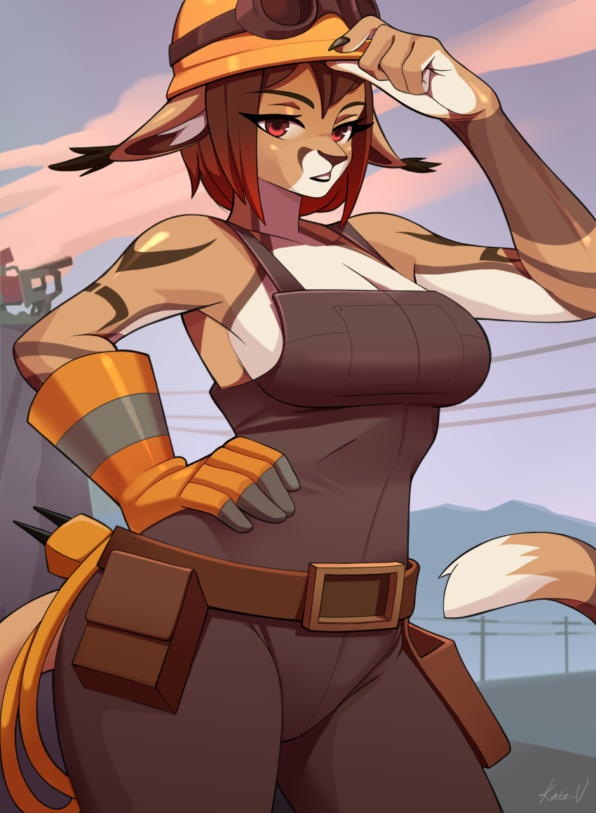 absurd_res anthro armor caracal caracal_(genus) clothing engineer_(team_fortress_2) eyewear felid feline female glasses gloves hair handwear headgear helmet hi_res kate_(disambiguation) machine mammal mountain november red_eyes red_hair solo tattoo team_(disambiguation) team_fortress_2 turret v valve video_games worksuit