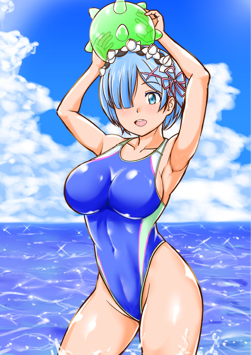 1girl arms_up ball blue_eyes blue_hair blue_sky blue_swimsuit cloud competition_swimsuit covered_navel day hair_ornament hair_over_one_eye hair_ribbon highleg highleg_swimsuit highres horizon mikan_ame_q ocean one-piece_swimsuit open_mouth outdoors pink_ribbon re:zero_kara_hajimeru_isekai_seikatsu rem_(re:zero) ribbon round_teeth short_hair sky smile soaking_feet solo standing swimsuit teeth upper_teeth water x_hair_ornament