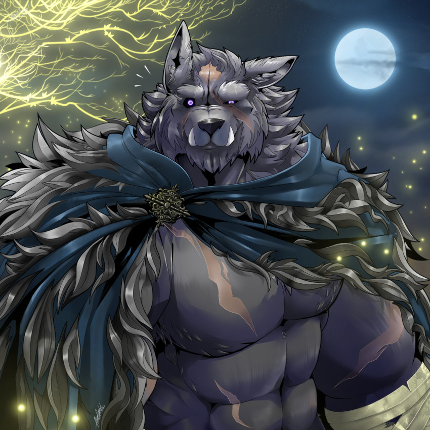 1:1 aliensymbol anthro black_sclera blaidd_(elden_ring) brooch canid canine canis cape clothing elden_ring fangs fromsoftware full_moon hi_res male mammal moon muscular muscular_male pivoted_ears purple_eyes scar solo video_games wolf