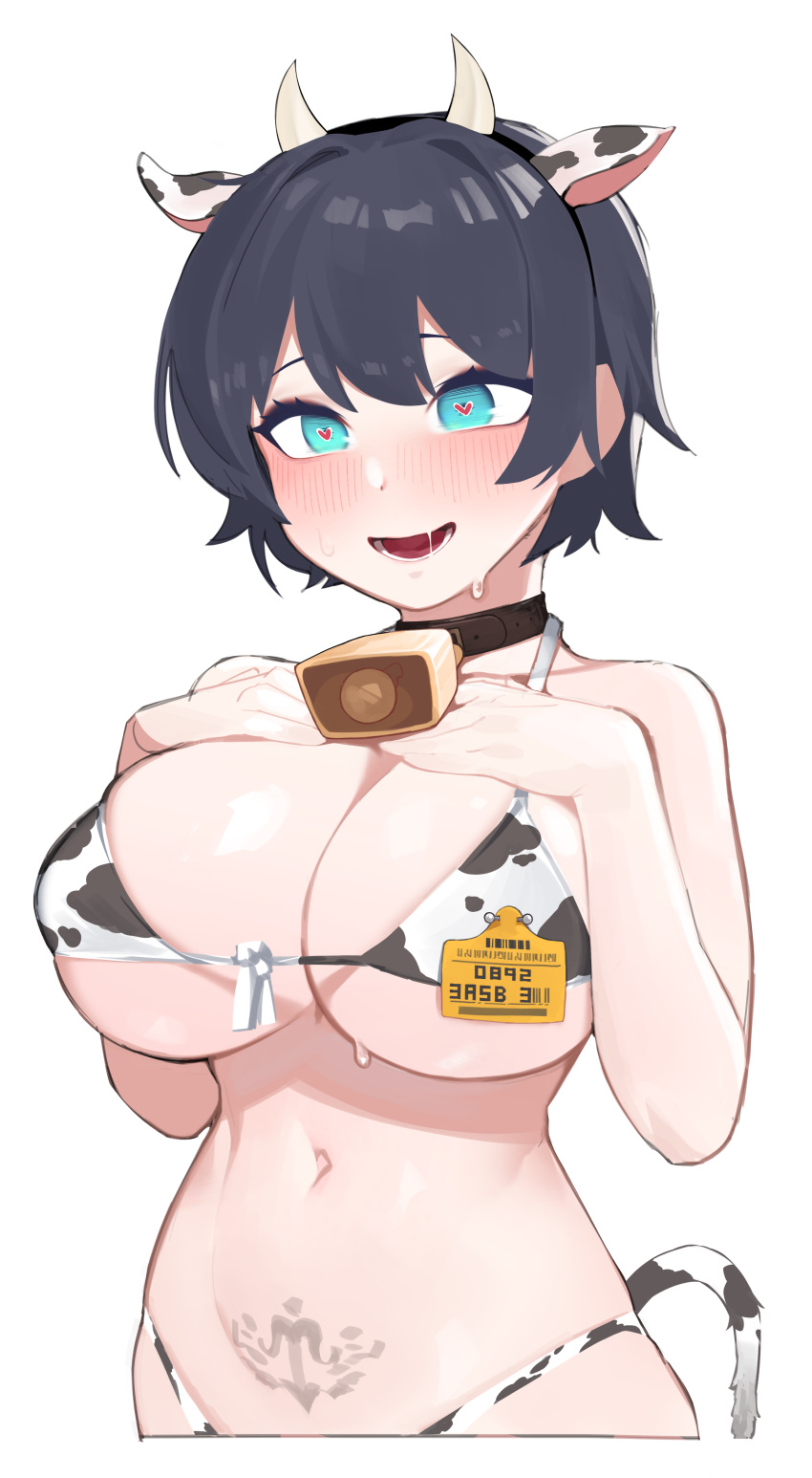 1girl absurdres animal_ears animal_print bangs bell bikini black_hair black_hairband blue_eyes blush breast_suppress breasts character_request copyright_request cow_ears cow_girl cow_horns cow_print cow_tail cowbell drooling ear_tag fake_horns front-tie_bikini front-tie_top hairband halter_top halterneck hands_on_own_chest heart heart-shaped_pupils highres horns large_breasts micro_bikini navel navel_piercing neck_bell open_mouth piercing print_bikini pubic_tattoo saliva sangobob short_hair smile solo stomach sweat swimsuit symbol-shaped_pupils tail tattoo underboob
