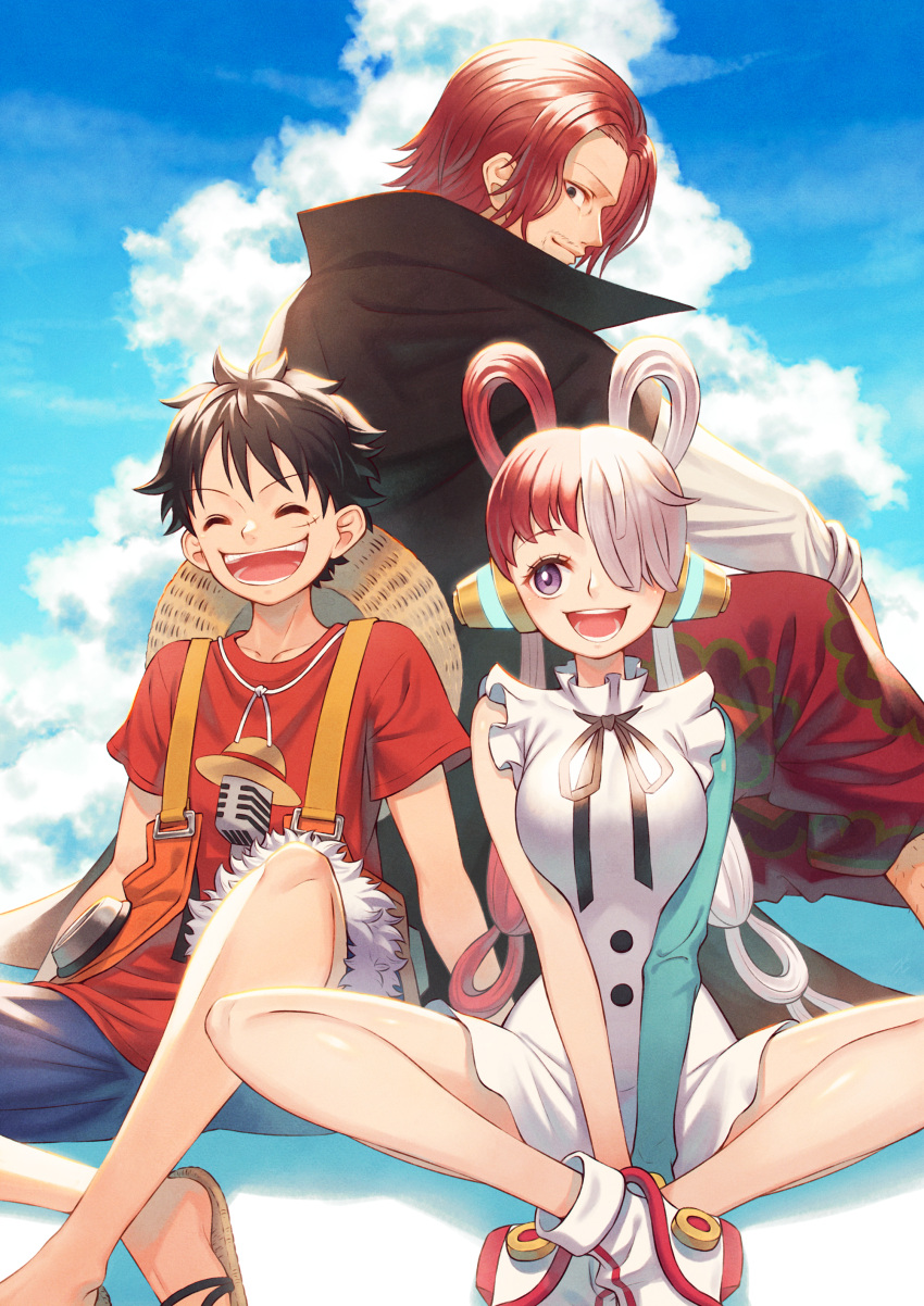 1girl 2boys :d absurdres black_cape blue_sky brown_hair cape cloud crossed_ankles dress facial_hair fur_trim hair_over_one_eye hair_rings hat hat_removed headwear_removed highres laughing long_hair monkey_d._luffy multicolored_hair multiple_boys one_piece outdoors purple_eyes sandals scar scar_on_face shanks shirt sho_(sumika) shoes shorts sitting sky sleeveless smile stubble suspenders t-shirt two-tone_hair uta_(one_piece) white_dress white_footwear white_hair