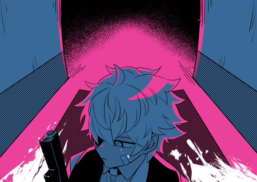 1boy a-37 bandaid bandaid_on_face closed_mouth expressionless gun handgun highres holding holding_gun holding_weapon jiitarou looking_away mahjong_soul male_focus multicolored_background outline short_hair sketch solo weapon