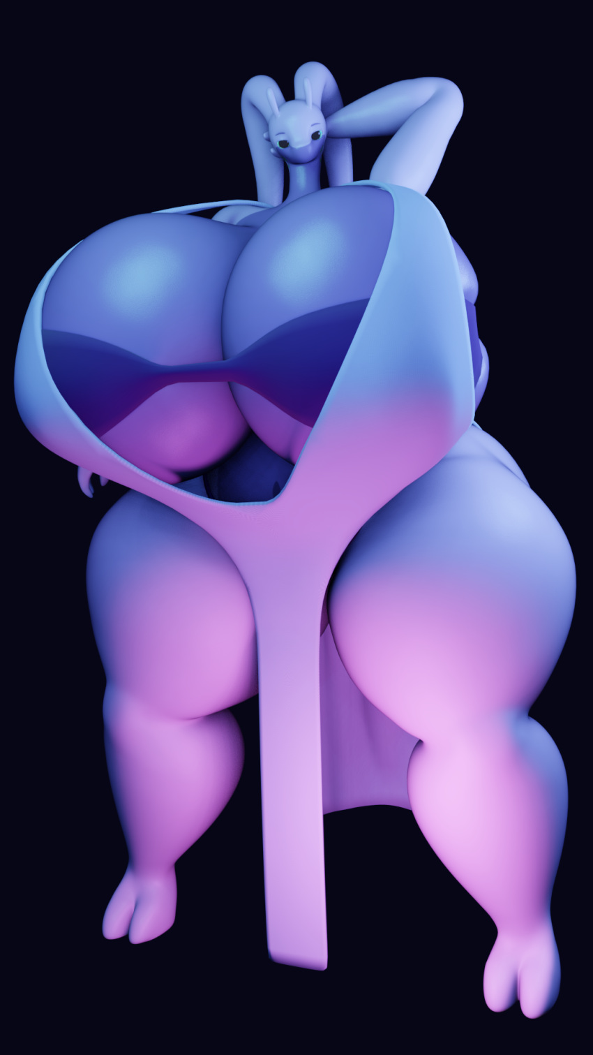 anthro big_breasts blender_(software) bra breast_squish breasts cleavage clothed clothing darkdraketom dress female glistening glistening_body goodra green_eyes hand_behind_head hi_res huge_breasts looking_at_viewer multicolored_body nintendo pok&eacute;mon pok&eacute;mon_(species) purple_body simple_background solo squish thick_thighs two_tone_body underwear video_games