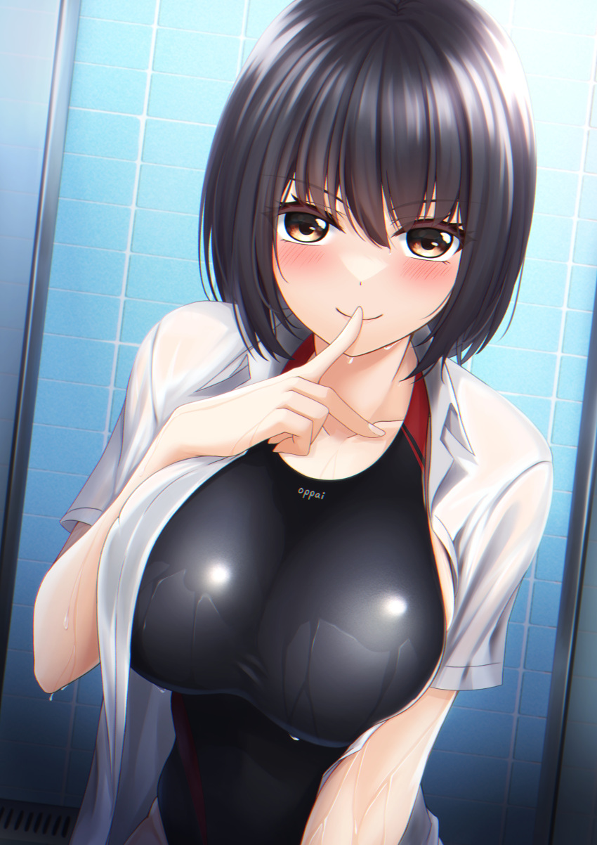 1girl absurdres bangs black_hair black_swimsuit blush breasts brown_eyes chromatic_aberration collarbone competition_swimsuit dress_shirt dripping finger_to_mouth hand_up highres indoors large_breasts looking_at_viewer misaki_rin one-piece_swimsuit open_clothes open_shirt original shiny shiny_clothes shiny_swimsuit shirt short_sleeves shushing smile solo swimsuit swimsuit_under_clothes taut_clothes taut_swimsuit tile_wall tiles upper_body wet wet_clothes wet_swimsuit white_shirt