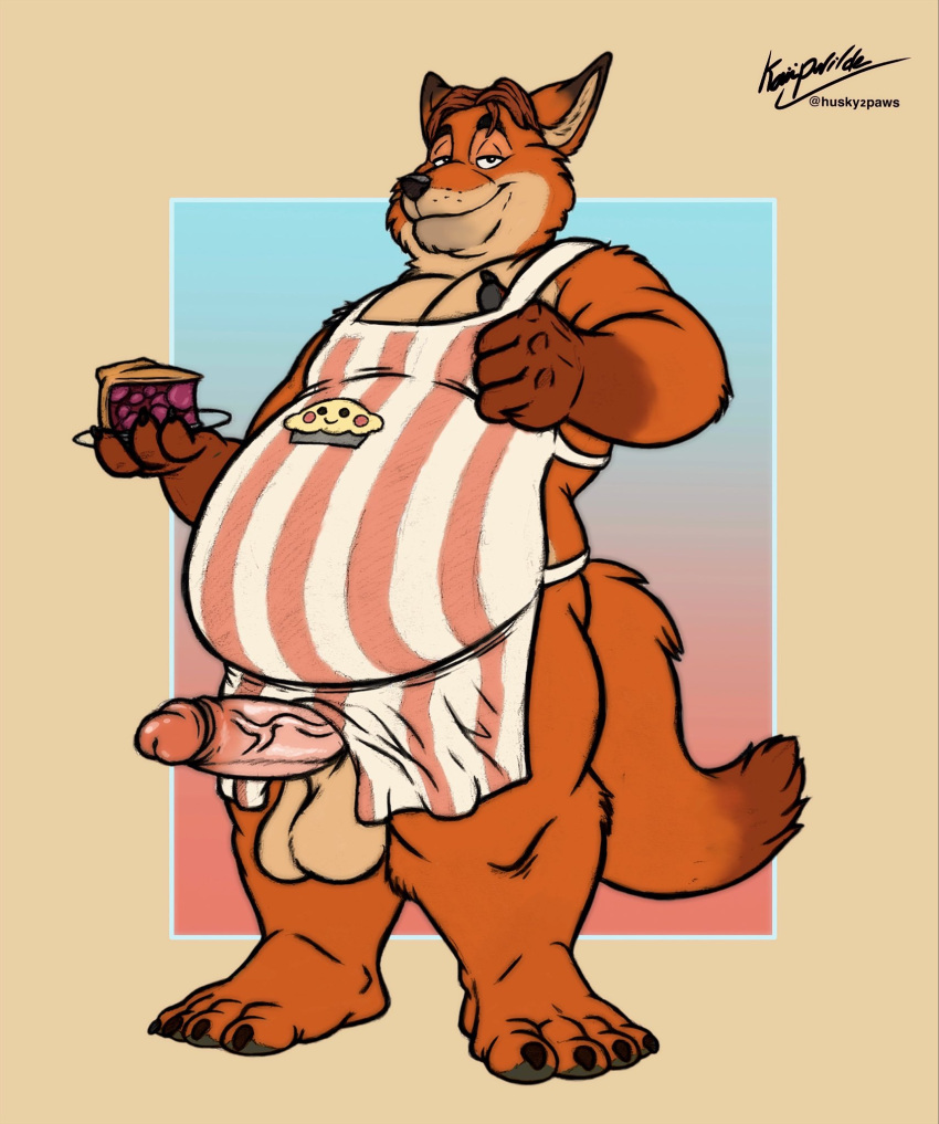2022 anthro apron balls belly big_belly black_nose canid canine clothing dessert disney erection food fox genitals gideon_grey hi_res humanoid_genitalia humanoid_hands humanoid_penis kaiipwilde_(artist) letterbox male mammal orange_body overweight overweight_male penis pie solo zootopia