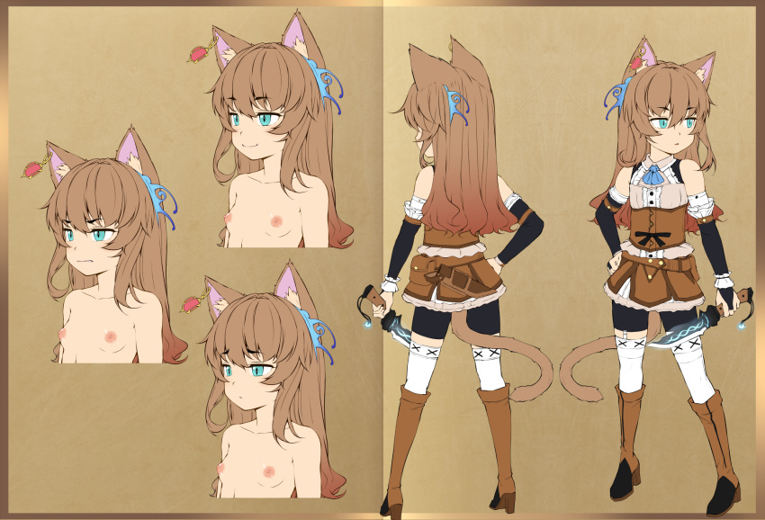 1girl animal_ears ascot bangs bike_shorts black_bridal_gauntlets black_shorts blue_ascot blue_eyes blush boots breasts bridal_gauntlets brown_dress brown_footwear brown_hair cat_ears cat_girl cat_tail cleavage_cutout closed_mouth clothing_cutout commentary_request dagger dress earrings expressionless full_body gem hair_between_eyes high_heel_boots high_heels highres holding holding_dagger holding_weapon jewelry kitsunerider knife long_hair looking_to_the_side monster multiple_views nipples original red_gemstone reference_sheet short_dress shorts single_earring sleeveless sleeveless_dress slit_pupils small_breasts smile standing tail thighhighs upper_body weapon white_thighhighs