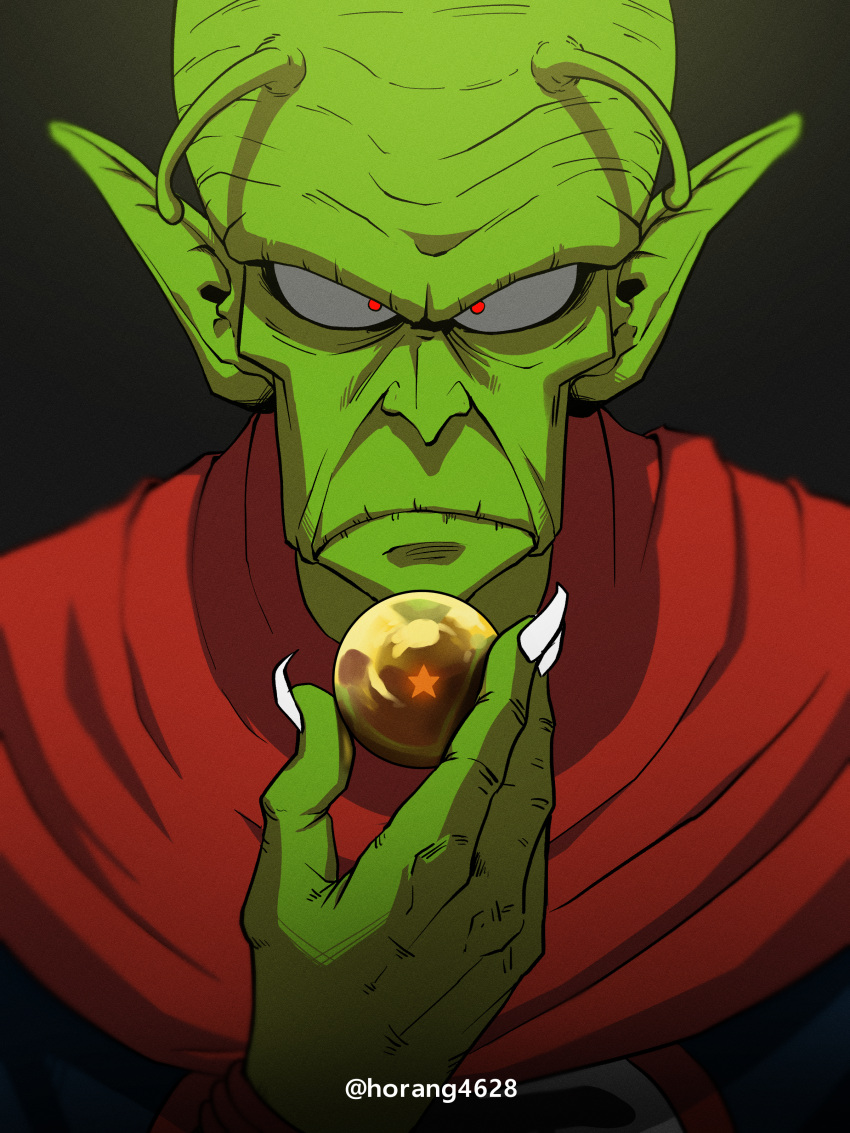 1boy absurdres antennae closed_mouth colored_skin dragon_ball dragon_ball_(classic) dragon_ball_(object) fingernails green_skin highres holding horang4628 looking_at_viewer male_focus old old_man piccolo_daimaou pointy_ears red_eyes sharp_fingernails solo