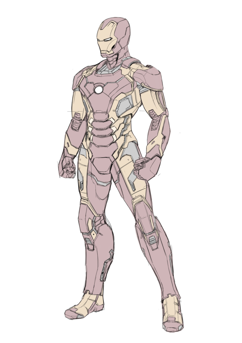 1boy clenched_hands highres iron_man kuramochi_kyouryuu male_focus marvel power_armor science_fiction sketch solo standing white_background white_eyes