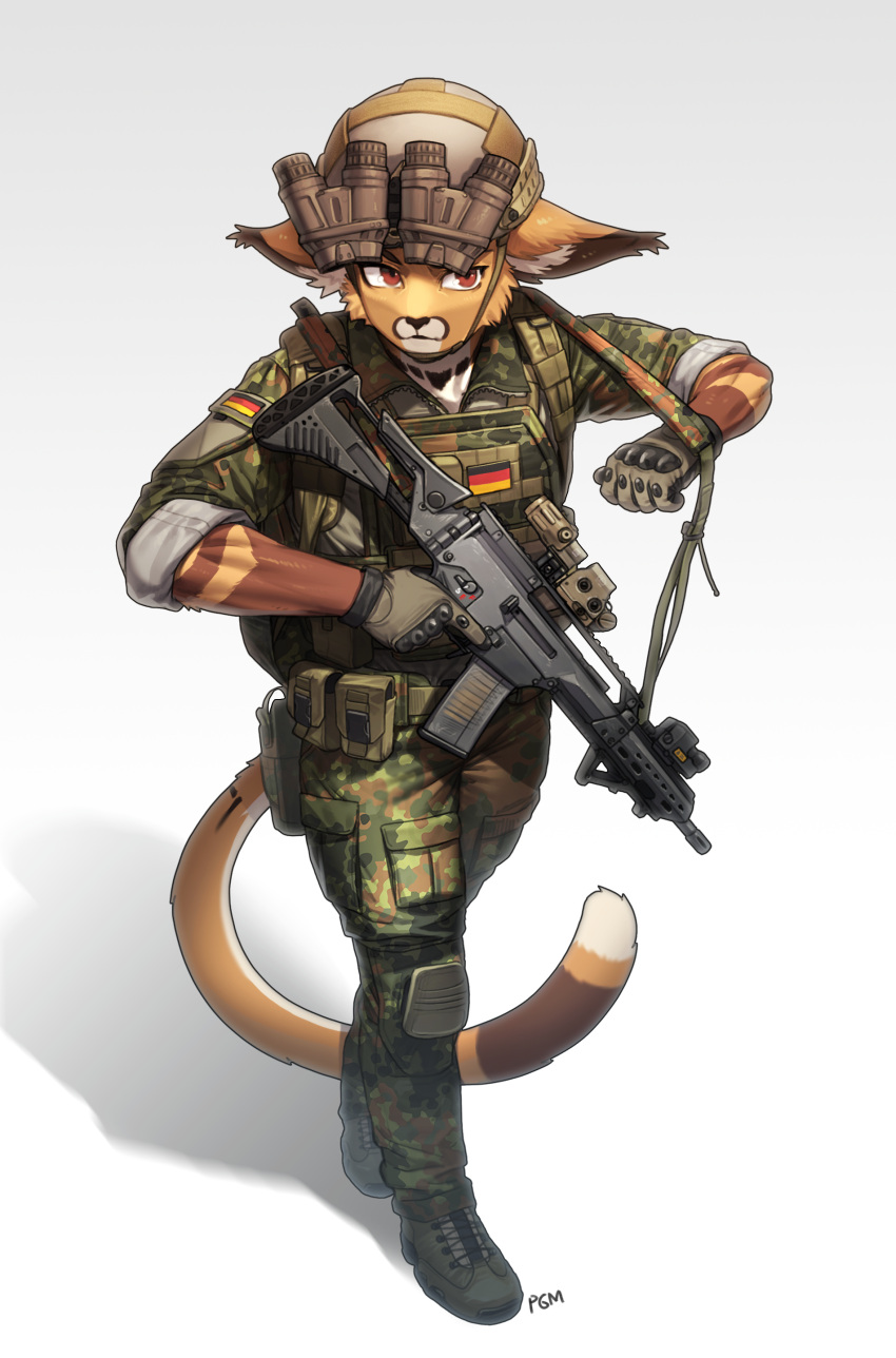 absurd_res anthro armor backpack bundeswehr caracal caracal_(genus) clothing eotech felid feline flecktarn g36kv germany gloves grip handwear headgear helmet hi_res ksk male mammal mutagen_(character) night_vision_goggles pgm300 plate_armor plate_carrier solo