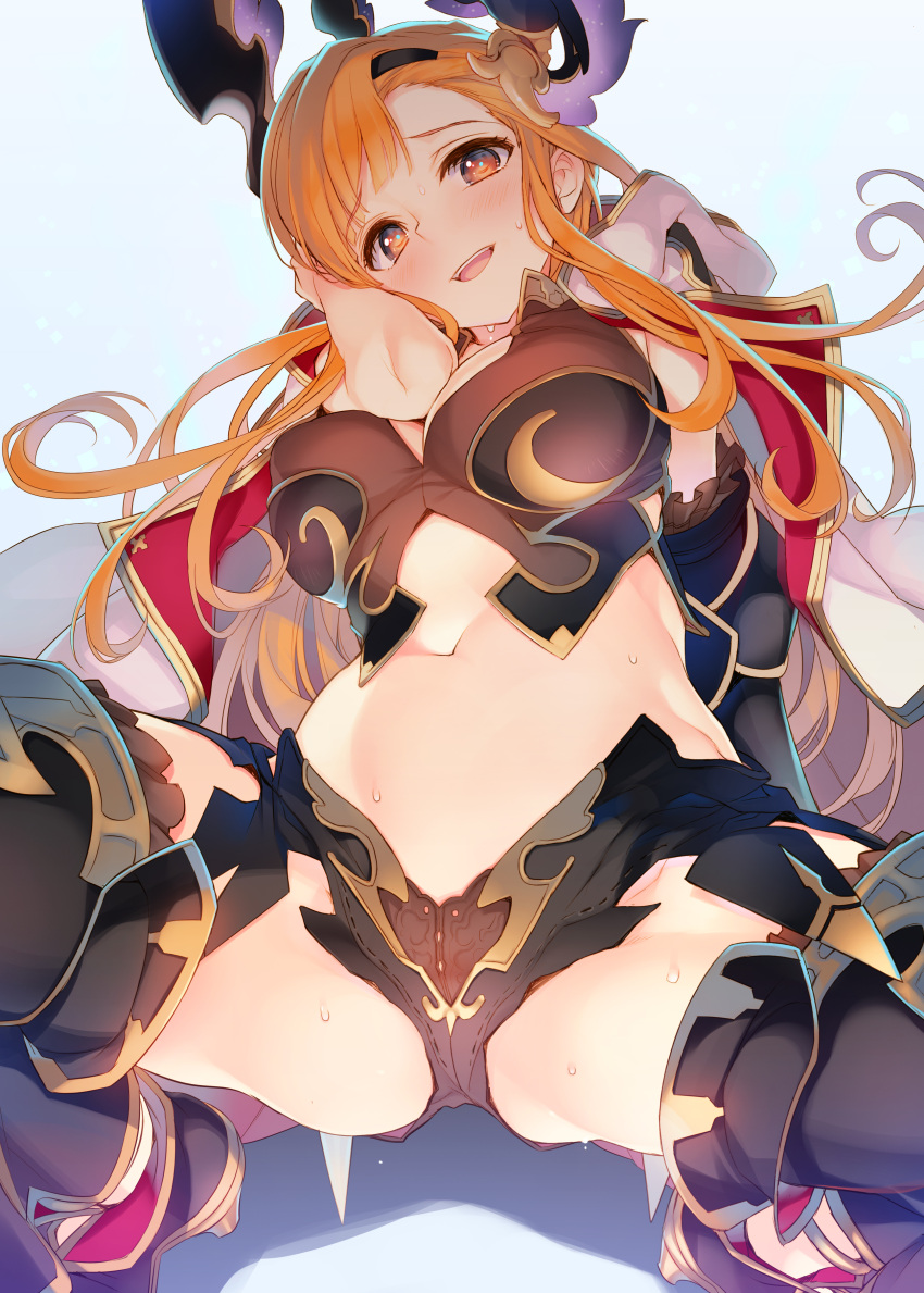 1girl absurdres arm_behind_head armor bangs black_gloves black_thighhighs blue_background blush breastplate breasts brown_eyes cape cleavage dutch_angle elbow_gloves gloves granblue_fantasy hair_ornament hairband hand_in_own_hair head_wings highres large_breasts long_hair looking_at_viewer navel open_mouth orange_hair photoshop_(medium) sidelocks simple_background smile solo spread_legs squatting stomach sweatdrop tatami_to_hinoki thighhighs thighs tweyen_(granblue_fantasy) white_cape