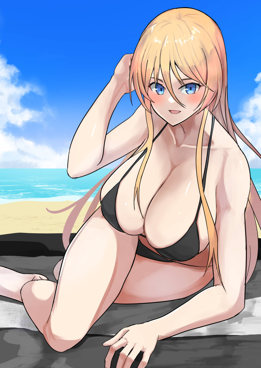 1girl absurdres azur_lane bangs bare_legs barefoot beach bikini bismarck_(azur_lane) blonde_hair blue_eyes blush breasts cleavage collarbone curvy hair_between_eyes halter_top halterneck highres huge_breasts lom_(lom_lom_8) long_bangs long_hair looking_at_viewer lying ocean on_side open_mouth sidelocks sky smile solo swept_bangs swimsuit towel very_long_hair