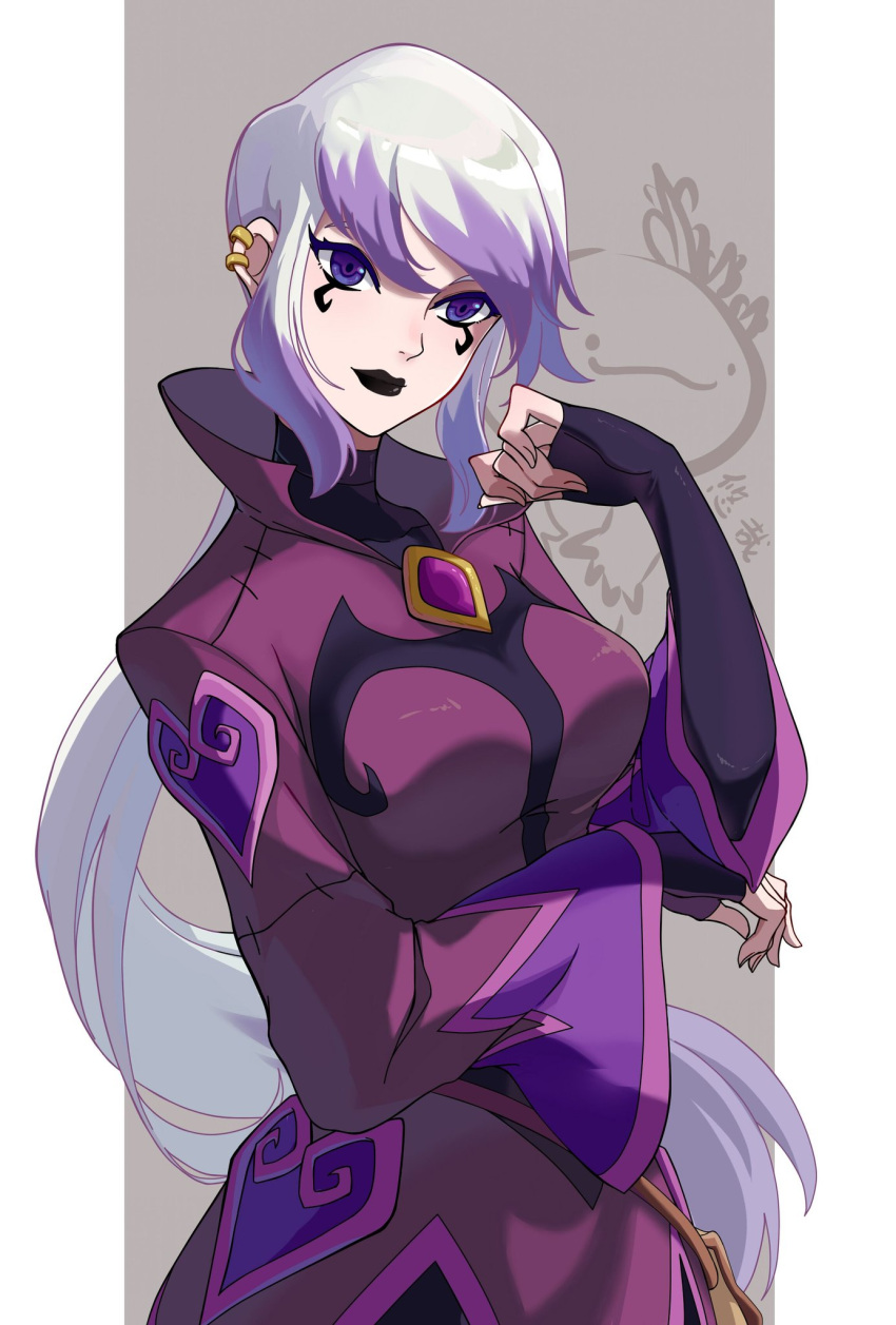 1girl axolotl ben_10 black_lips charmcaster ear_piercing fingerless_gloves fingernails gloves hand_up highres long_hair long_sleeves piercing ponytail purple_eyes purple_hair signature solo upper_body very_long_hair white_hair wide_sleeves youzaiyouzai112