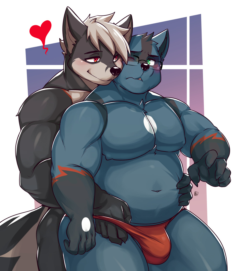 &lt;3 absurd_res anthro belly belly_grab big_belly blue_body blue_fur blush bulge canid canine clothed clothing duo embrace eyewear fur glasses green_eyes hi_res jockstrap male male/male mammal moobs mostly_nude musclegut one_eye_closed overweight overweight_anthro overweight_male red_eyes rookie_bear skimpy smile underwear