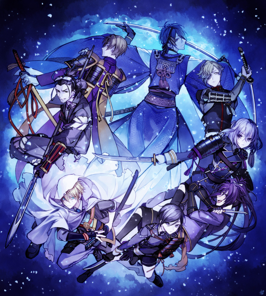 6+boys ahoge aqua_eyes armor belt black_eyes black_footwear black_gloves black_hair blue_eyes blue_footwear blue_hair blue_theme bow brown_eyes brown_hair character_request check_gender cloak closed_mouth dagger eyes_visible_through_hair facial_hair film_grain gloves hair_between_eyes hair_bow hair_slicked_back highres holding holding_dagger holding_polearm holding_sheath holding_sword holding_weapon hood hood_up hooded_cloak japanese_armor katana knife light_particles long_hair looking_at_viewer matsunaka_hiro multiple_boys open_mouth parted_lips pauldrons polearm ponytail purple_eyes purple_hair scabbard sheath shoulder_armor single_pauldron smile sode spear stubble sword tassel teeth torn torn_cloak torn_clothes touken_ranbu unsheathed vambraces weapon white_bow white_cloak white_gloves