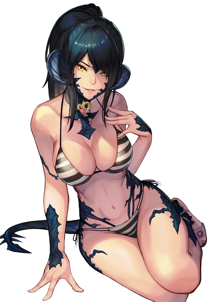 1girl absurdres au_ra avatar_(ff14) bangs bikini black_hair black_horns breasts commission dragon_horns dragon_tail final_fantasy final_fantasy_xiv heart_collar highres hinoru_saikusa horns large_breasts long_hair looking_at_viewer navel parted_bangs ponytail sapphira_nyx scales second-party_source skeb_commission solo striped striped_bikini swimsuit tail white_background yellow_eyes