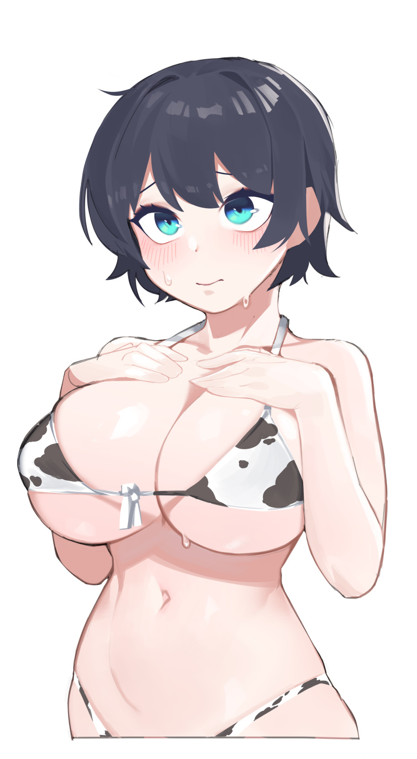 1girl absurdres animal_print bangs bikini black_hair blue_eyes blush breast_suppress breasts character_request closed_mouth copyright_request cow_print front-tie_bikini front-tie_top halter_top halterneck hands_on_own_chest highres large_breasts micro_bikini navel print_bikini sangobob short_hair solo stomach sweat swimsuit underboob