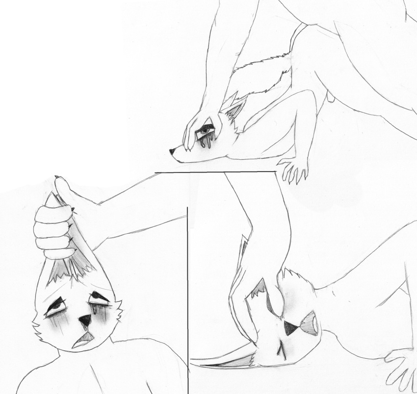 after_rape after_sex anthro canid canine duo eyeshadow forced fox girly gray_romance hand_on_head hi_res holding_ears makeup male male/male mammal mascara mascara_tears pinned rape sketch solo_focus valentine_(gray_romance)