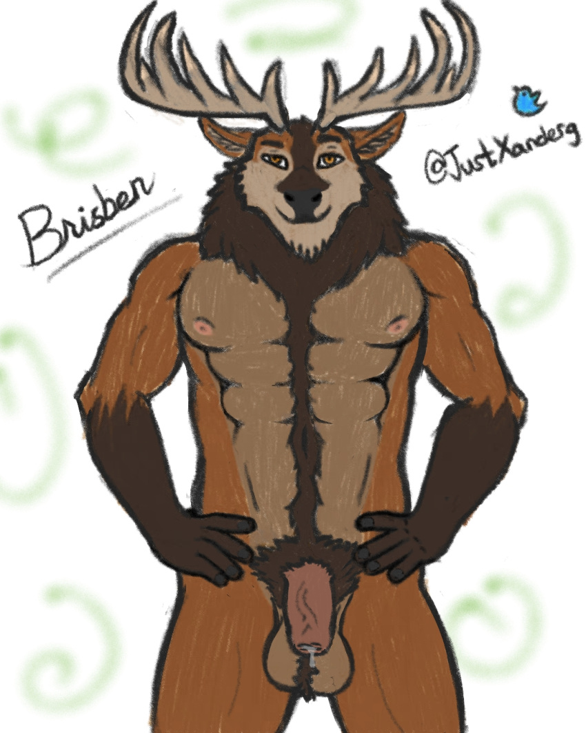 5_fingers abs anthro antlers ball_tuft balls bodily_fluids body_hair cervid cervine chest_hair fingers flaccid foreskin genital_fluids genitals hands_on_hips happy_trail hi_res horn inner_ear_fluff looking_at_viewer male mammal multicolored_body muscular muscular_male navel orange_eyes penis precum pubes red_deer solo tuft xanderg_(artist)