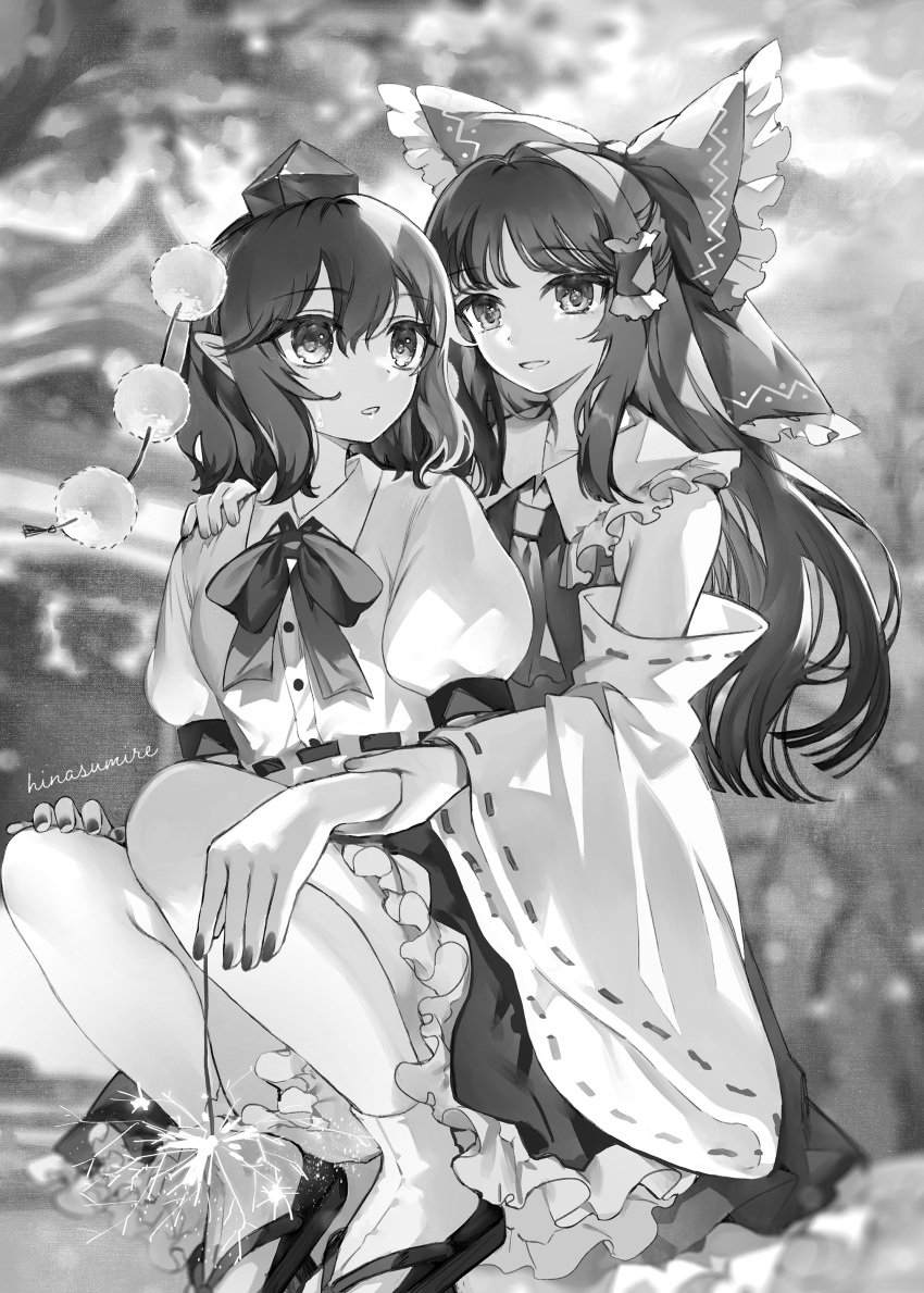 2girls absurdres blurry blurry_background depth_of_field detached_sleeves fireworks geta greyscale hair_tubes hakurei_reimu hat highres hinasumire holding_another's_arm holding_fireworks light_smile looking_at_another monochrome multiple_girls nail_polish pointy_ears pom_pom_(clothes) ribbon-trimmed_sleeves ribbon_trim shameimaru_aya shirt short_hair skirt sparkler tengu-geta tokin_hat touhou yuri