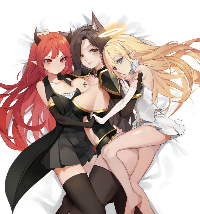 3girls absurdres angel animal_ears armor asymmetrical_docking bangs bare_shoulders barefoot black_coat black_gloves black_hair black_skirt black_thighhighs blonde_hair blue_eyes breast_press breasts center_opening character_request chukibabo2 coat copyright_request cross cross_necklace demon_girl dress elbow_gloves fox_ears from_above frown gloves halo hand_on_another's_head hand_on_another's_hip highres jewelry large_breasts legs long_hair lying miniskirt multiple_girls necklace on_back on_side pleated_skirt pointy_ears red_eyes red_hair shoulder_armor skirt small_breasts strapless strapless_dress thighhighs thighs very_long_hair vest white_gloves white_skirt white_vest yellow_eyes yuri zettai_ryouiki