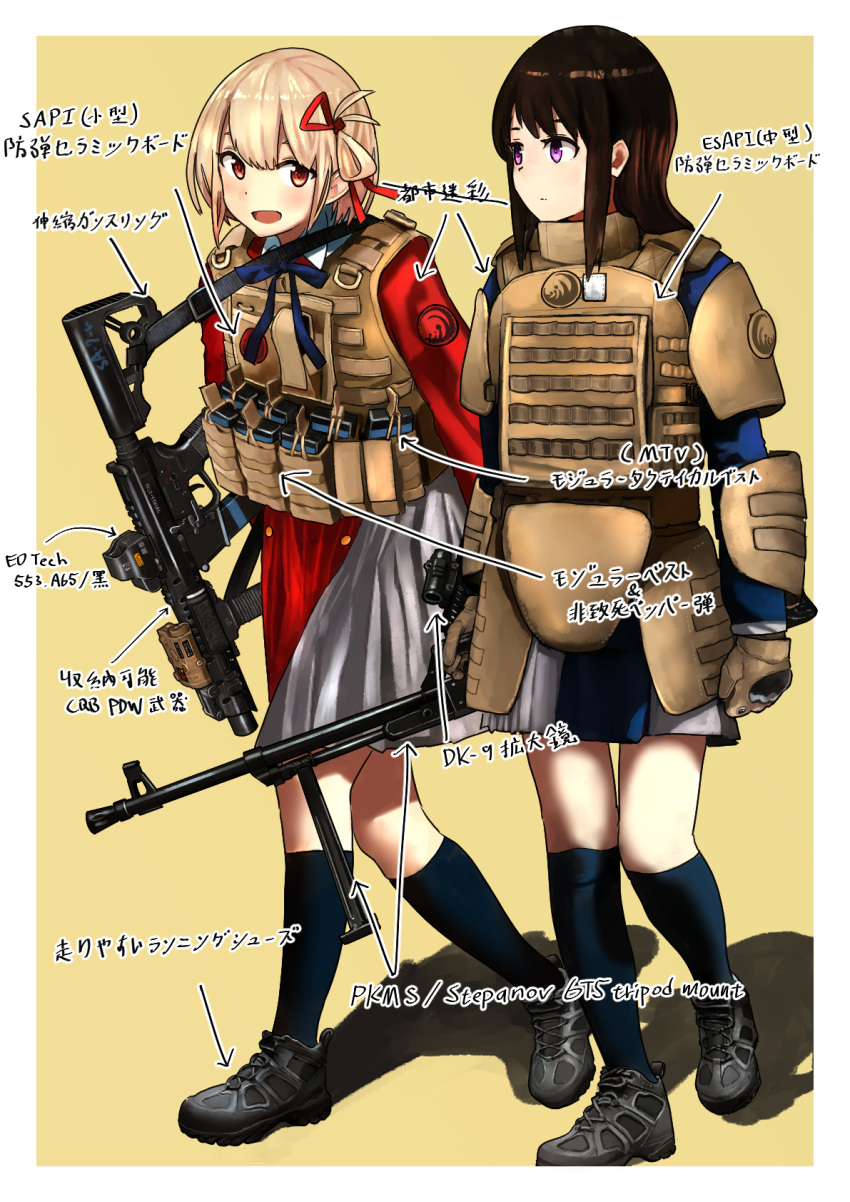 2girls armor black_hair blonde_hair blue_dress blue_socks brown_eyes brown_gloves commentary_request dress full_body gloves grey_footwear gun highres inoue_takina long_hair lycoris_recoil lycoris_uniform multiple_girls nishikigi_chisato red_dress red_eyes red_ribbon ribbon rifle shoes short_hair simple_background sneakers socks timmyyen two-tone_dress weapon weapon_request yellow_background