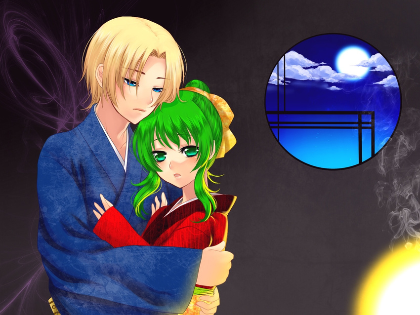 1girl alternate_hairstyle bad_id bad_pixiv_id blonde_hair blue_eyes couple green_eyes green_hair gumi hetero highres hug japanese_clothes kimono nez-doll suiga_sora utau vocaloid