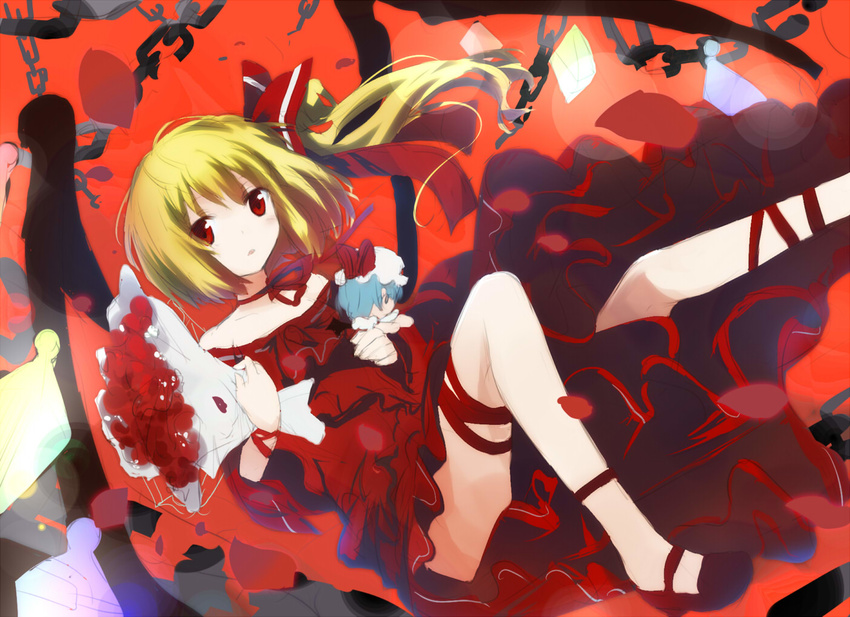 alternate_costume blonde_hair bouquet chain character_doll choker dress expressionless flandre_scarlet flower gochou_(atemonai_heya) mary_janes red_dress red_eyes remilia_scarlet ribbon ribbon_choker shoes short_hair side_ponytail sketch solo thigh_ribbon touhou wings wrist_ribbon