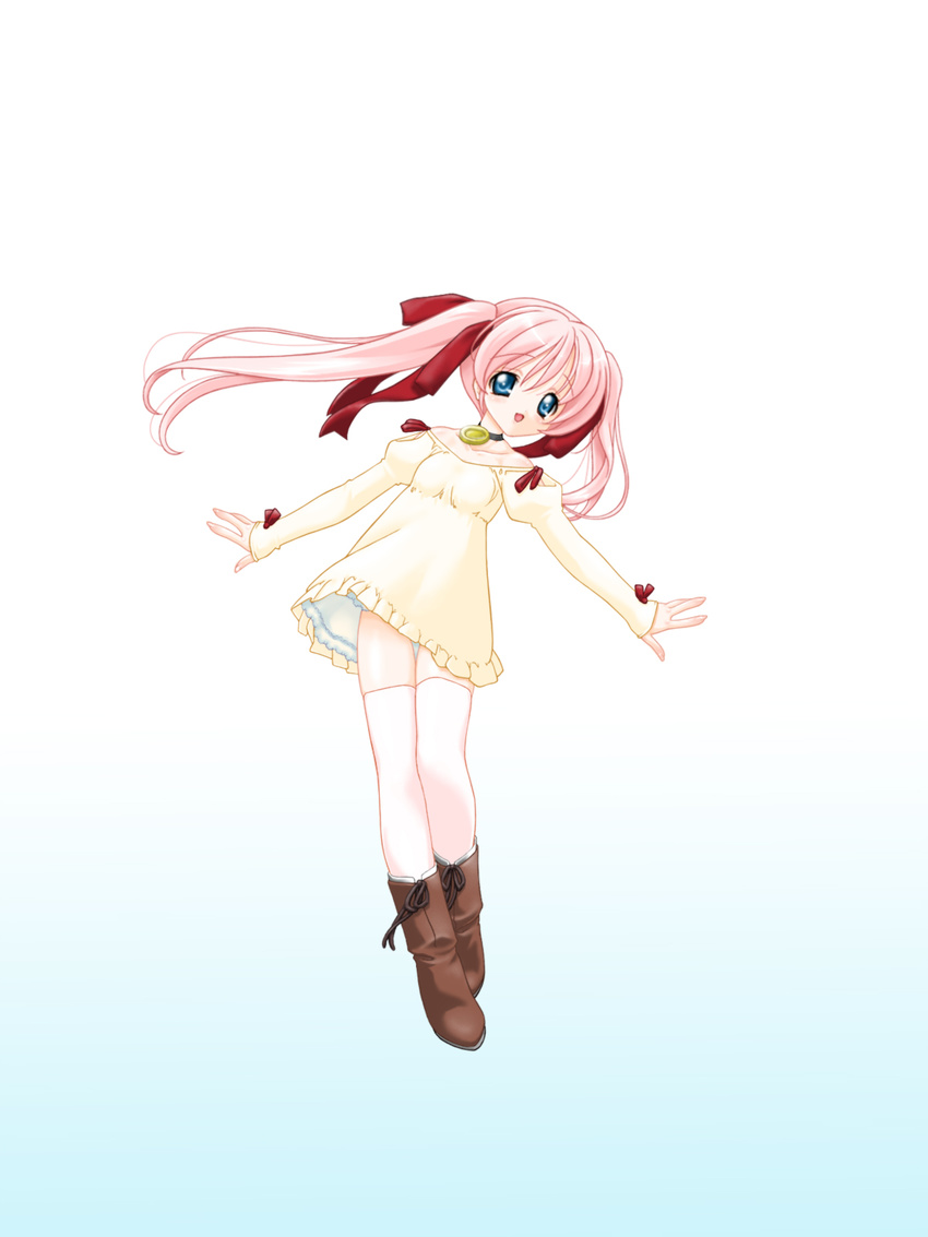boots choker copyright_request dress highres medallion nakajima_konta outstretched_arms pink_hair solo spread_arms thighhighs yellow_dress