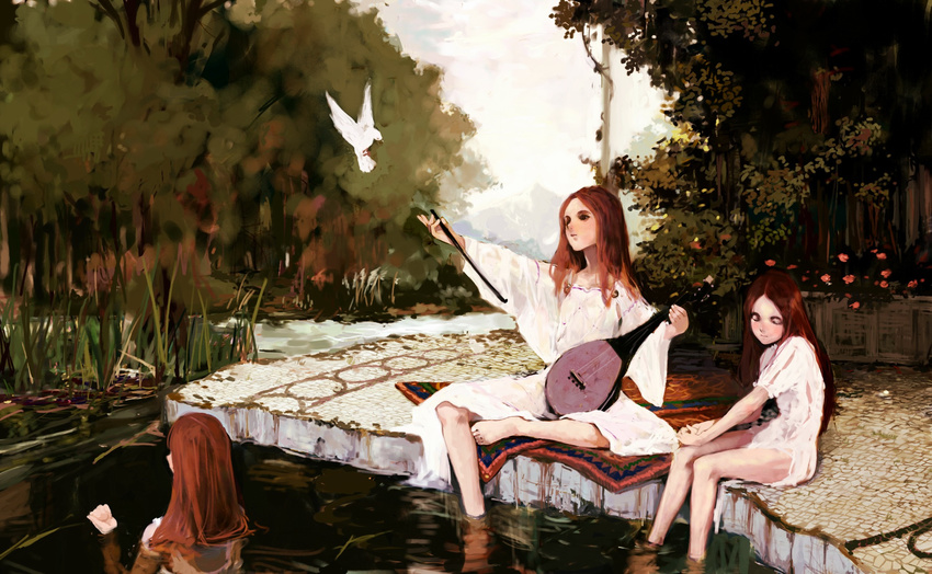 barefoot bird brown_hair dress highres instrument kusaka_souji long_hair long_sleeves multiple_girls original outstretched_hand partially_submerged sitting soaking_feet water white_dress