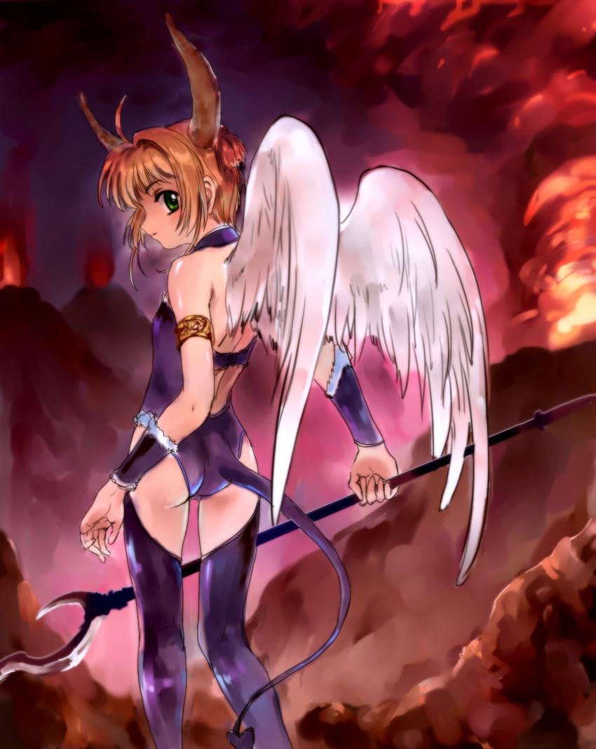 1girl bodysuit brown_hair card_captor_sakura child devil green_eyes highres horns kinomoto_sakura moonknives mutsuki_(moonknives) solo staff tail wings