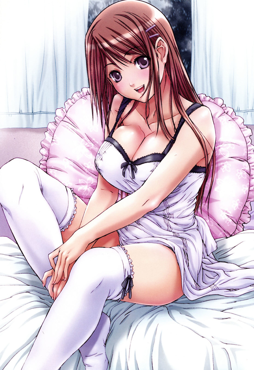 bed blush breasts brown_hair cleavage frilled_pillow frills hair_ornament hairclip highres large_breasts lingerie long_hair nanno_koto negligee original pillow purple_eyes sitting smile solo thighhighs underwear white_legwear