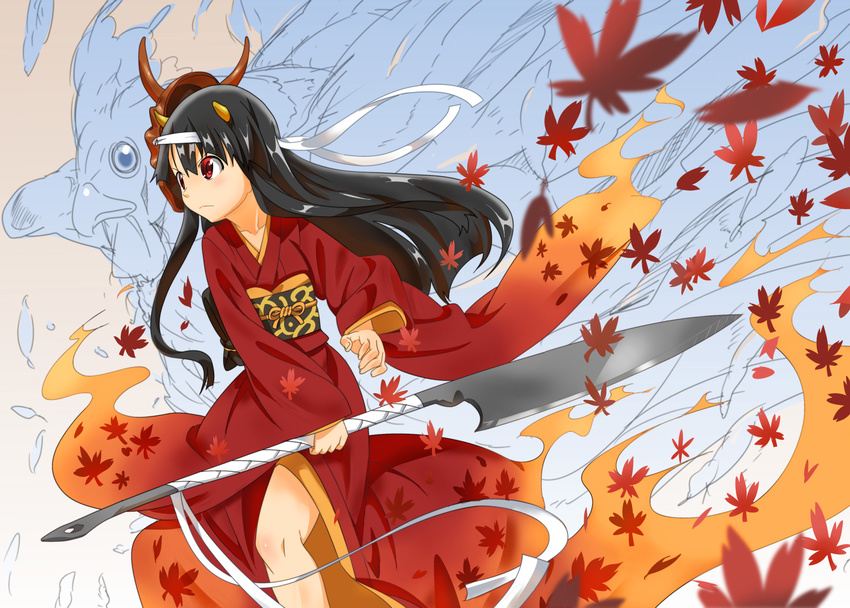 animal autumn bird black_hair headband hinomoto_oniko horns japanese_clothes kimono leaves mask red_eyes weapon